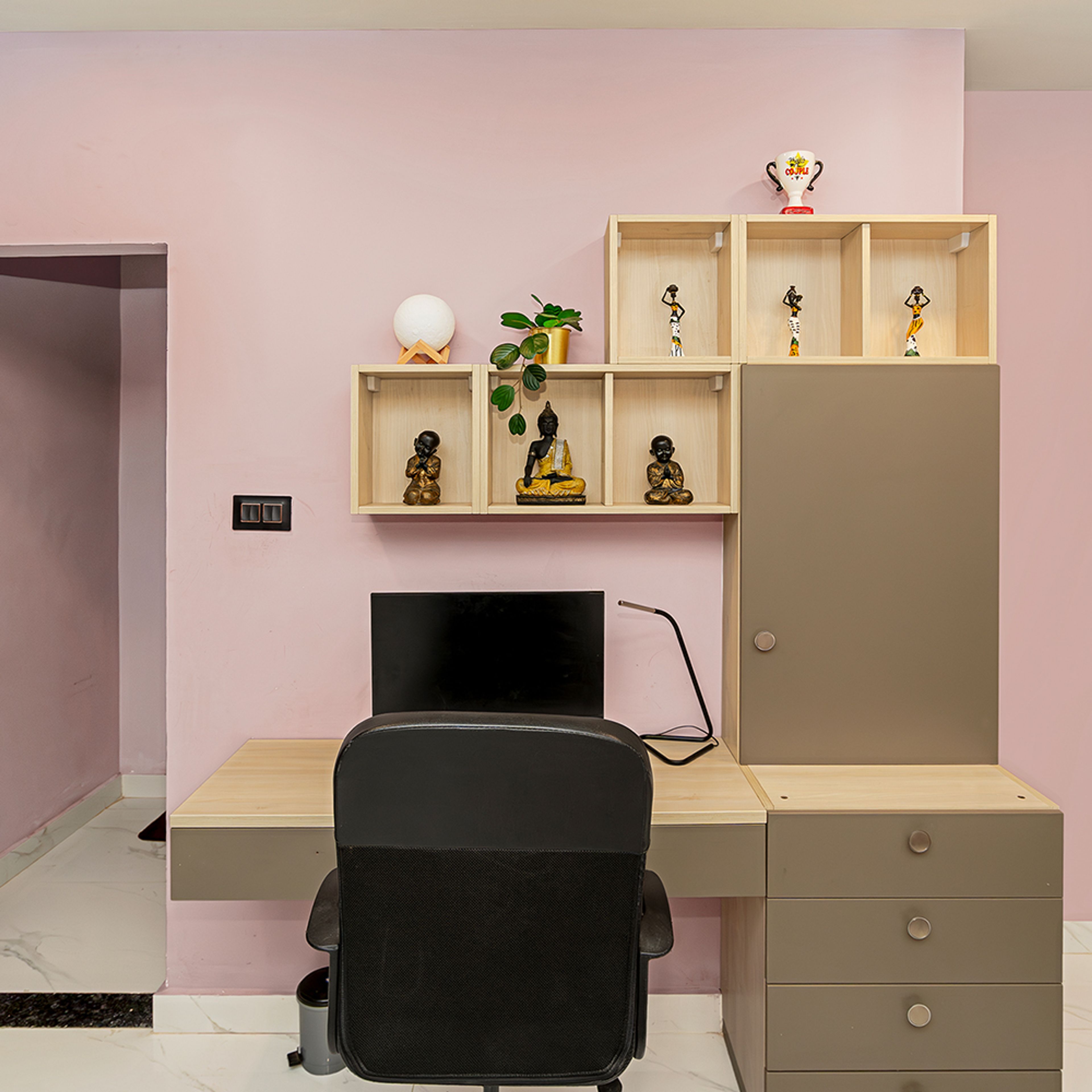 Brown Study Space with Open Shelves and Drawers