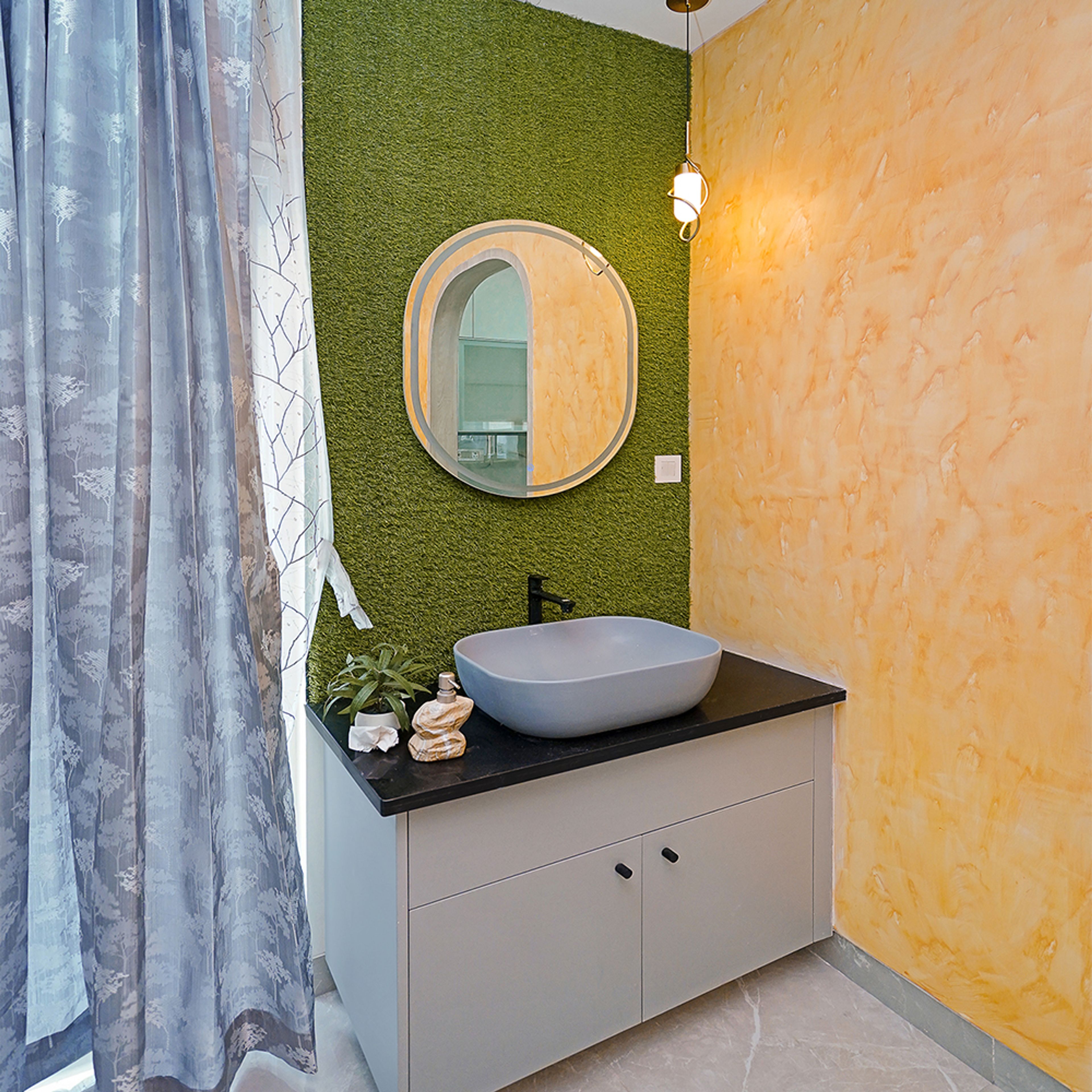 Wash Area with Grey Sink, Round Mirror and Artificial Grass Wall