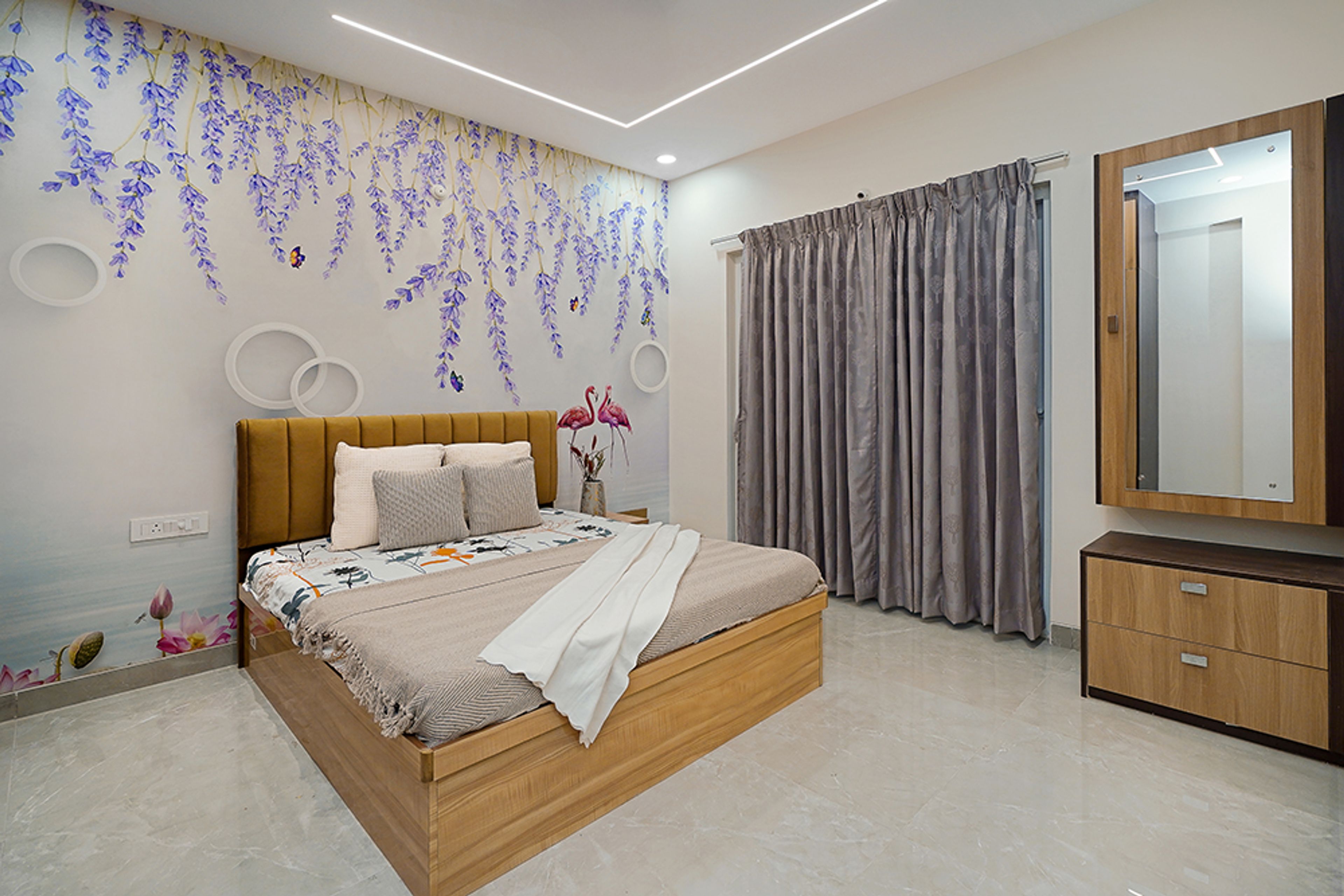 Bedroom Design with Floral Patterned Wallpaper, Mustard Yellow Tufted Headboard Bed and Wooden Vanity