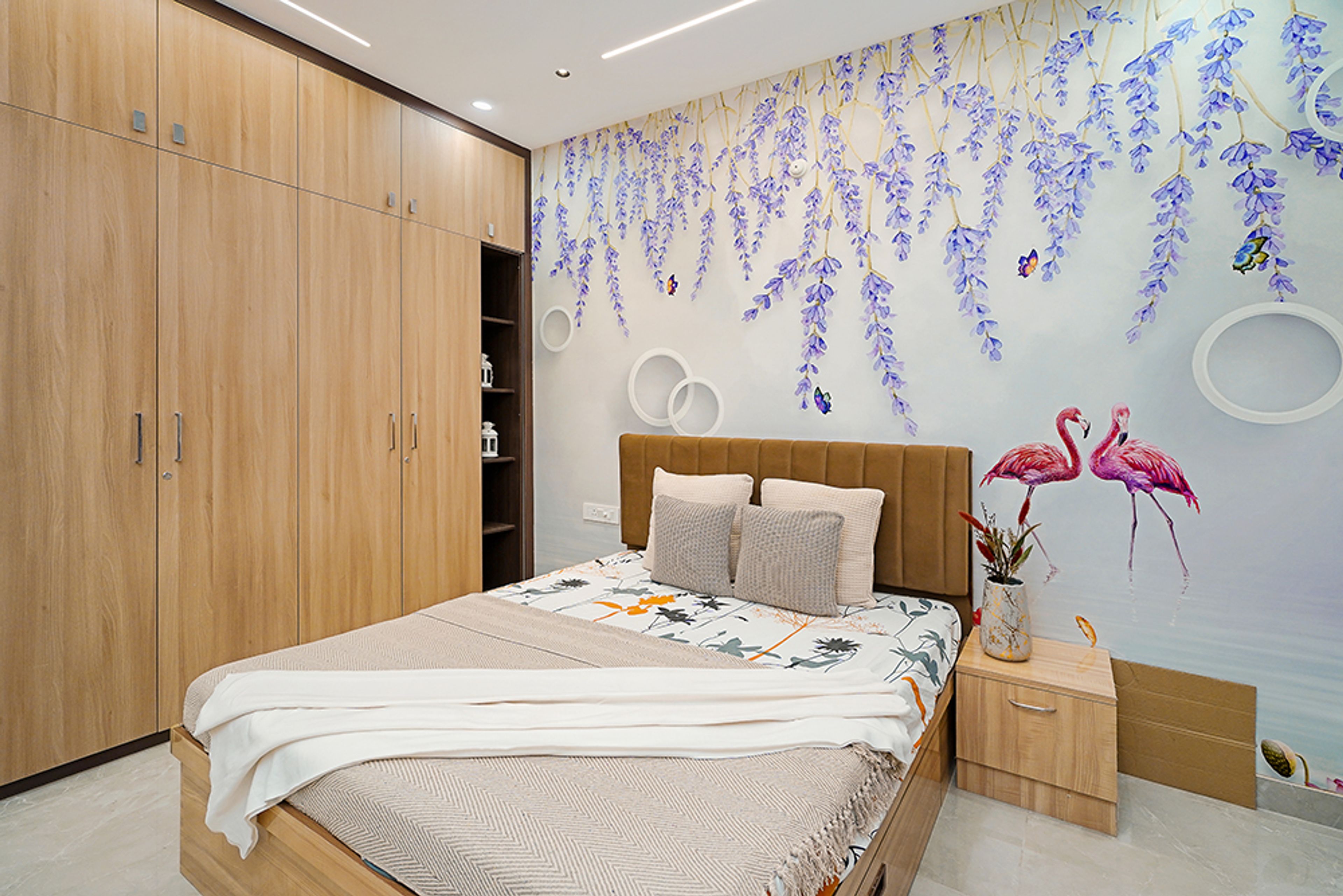 Bedroom Design with Floral Patterned Wallpaper and Wooden 4-Door Swing Wardrobe
