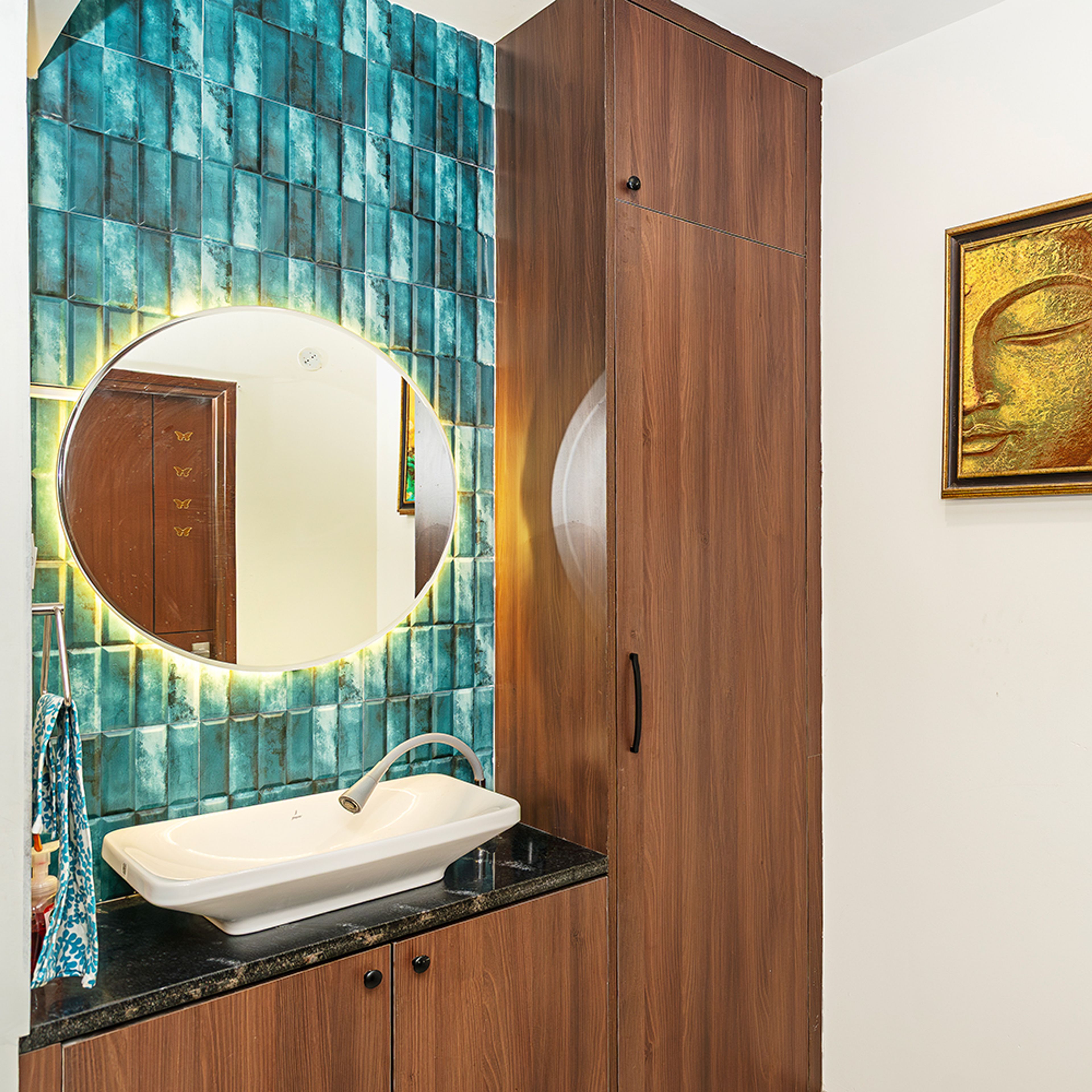 Modern Sink Design with Round Mirror in Hyderabad 3BHK Apartment