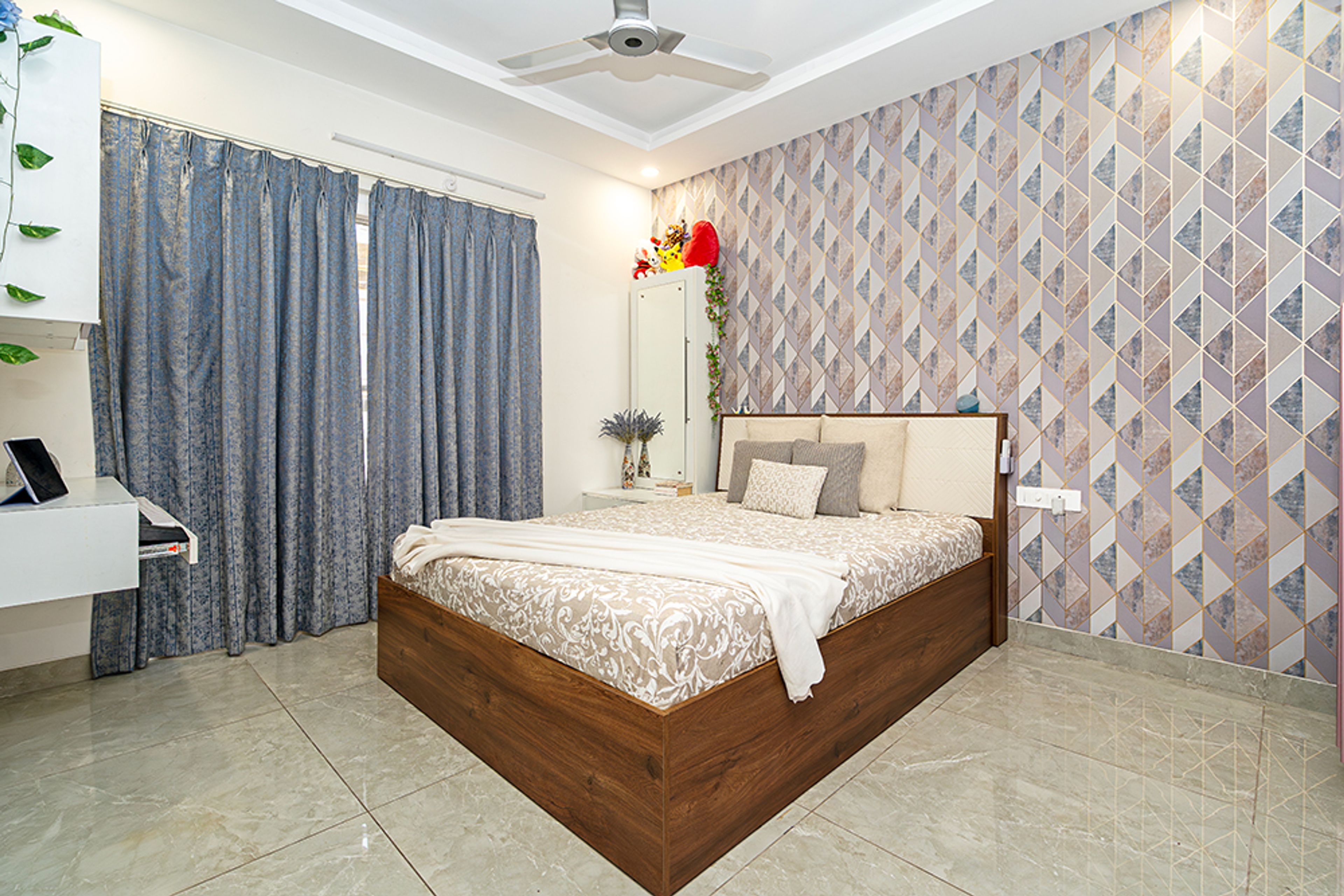 Modern Bedroom Design with Patterned Wall in Hyderabad 3BHK Apartment
