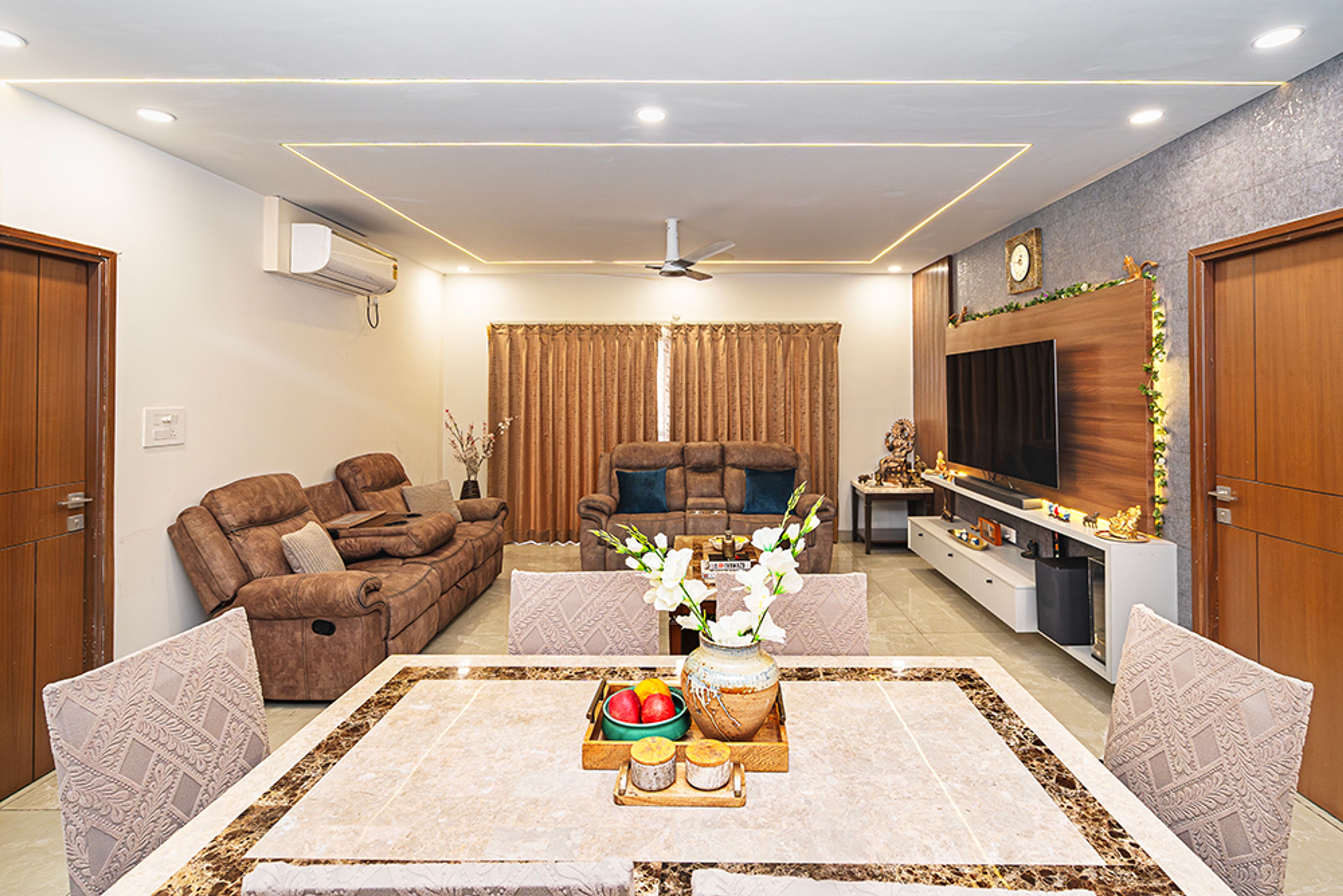 Modern Living Design with Dining Table in Hyderabad 3BHK Apartment