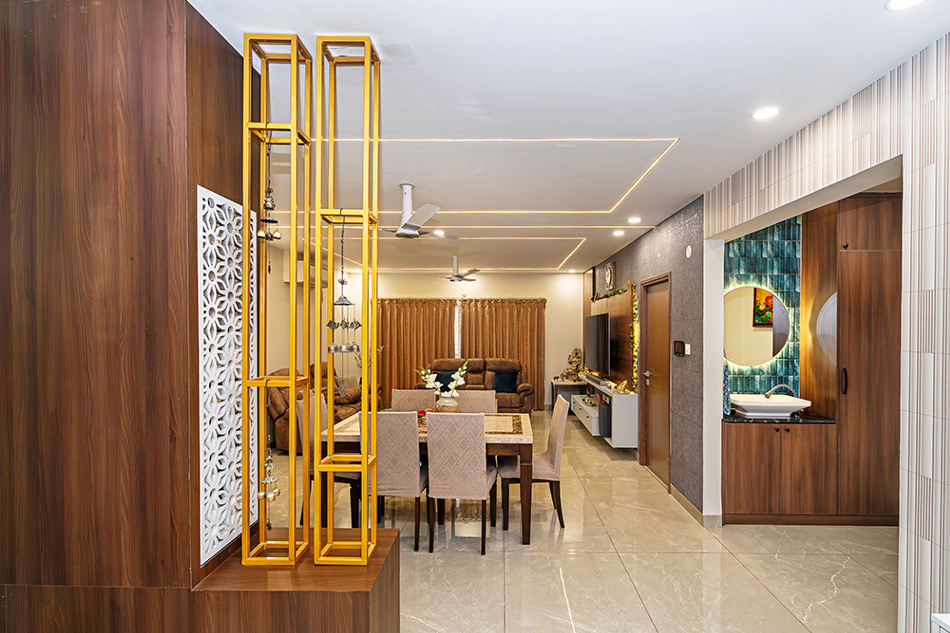 Modern Living Room Design with Dining Table in Hyderabad 3BHK Apartment