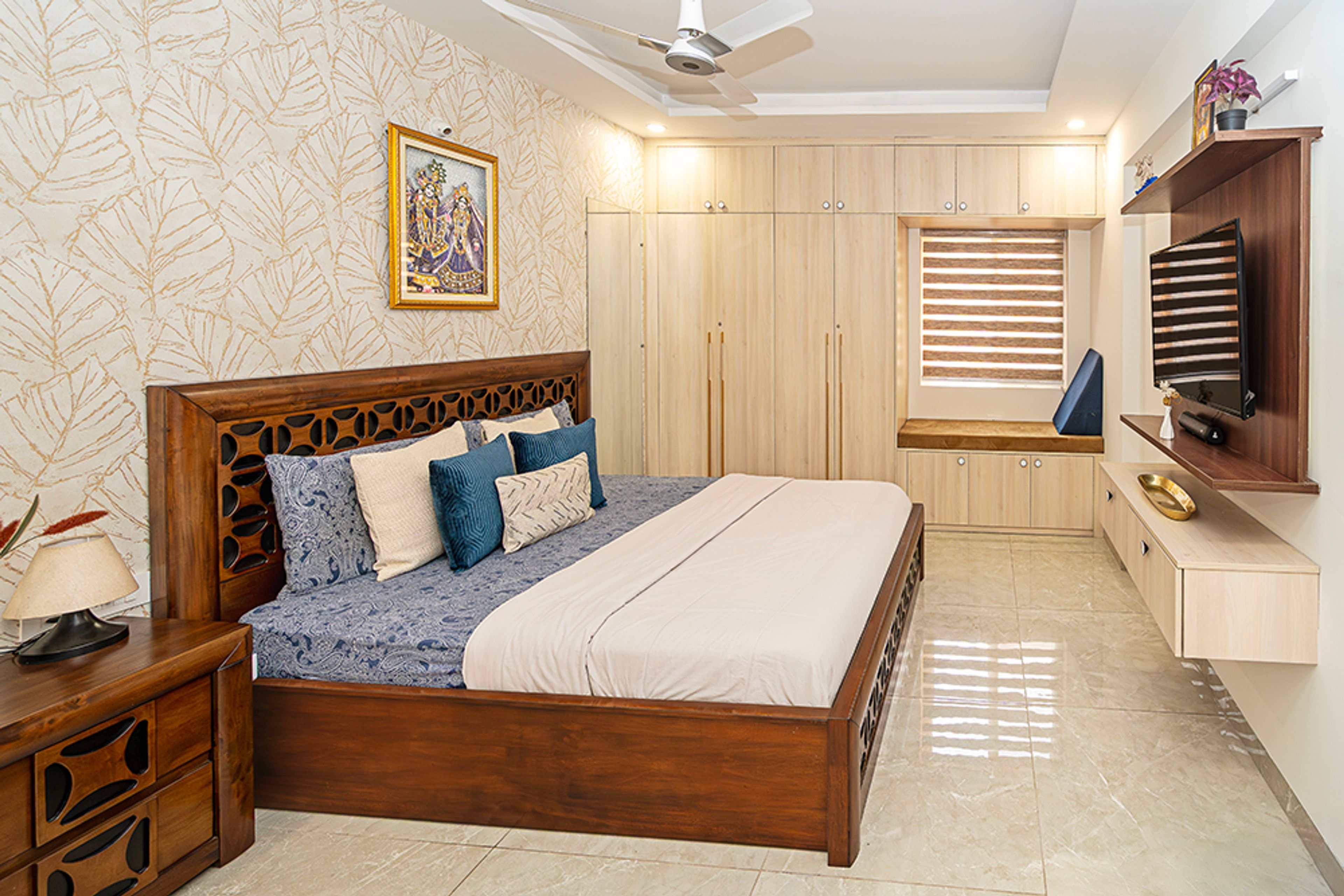 Modern Bedroom Design with Wooden Wardrobe in Hyderabad 3BHK Apartment