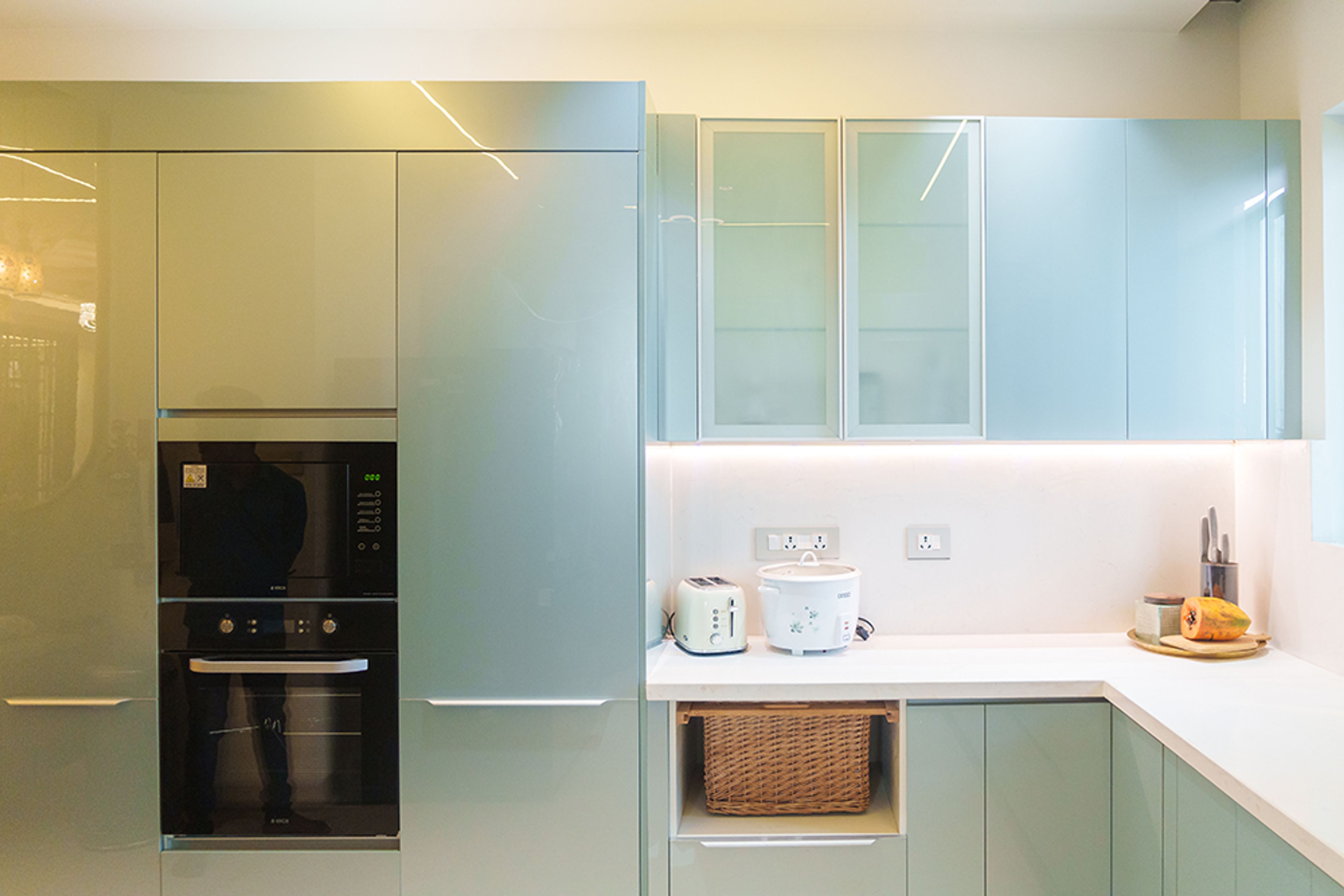 U-Shaped Kitchen Design with Light Blue Cabinets