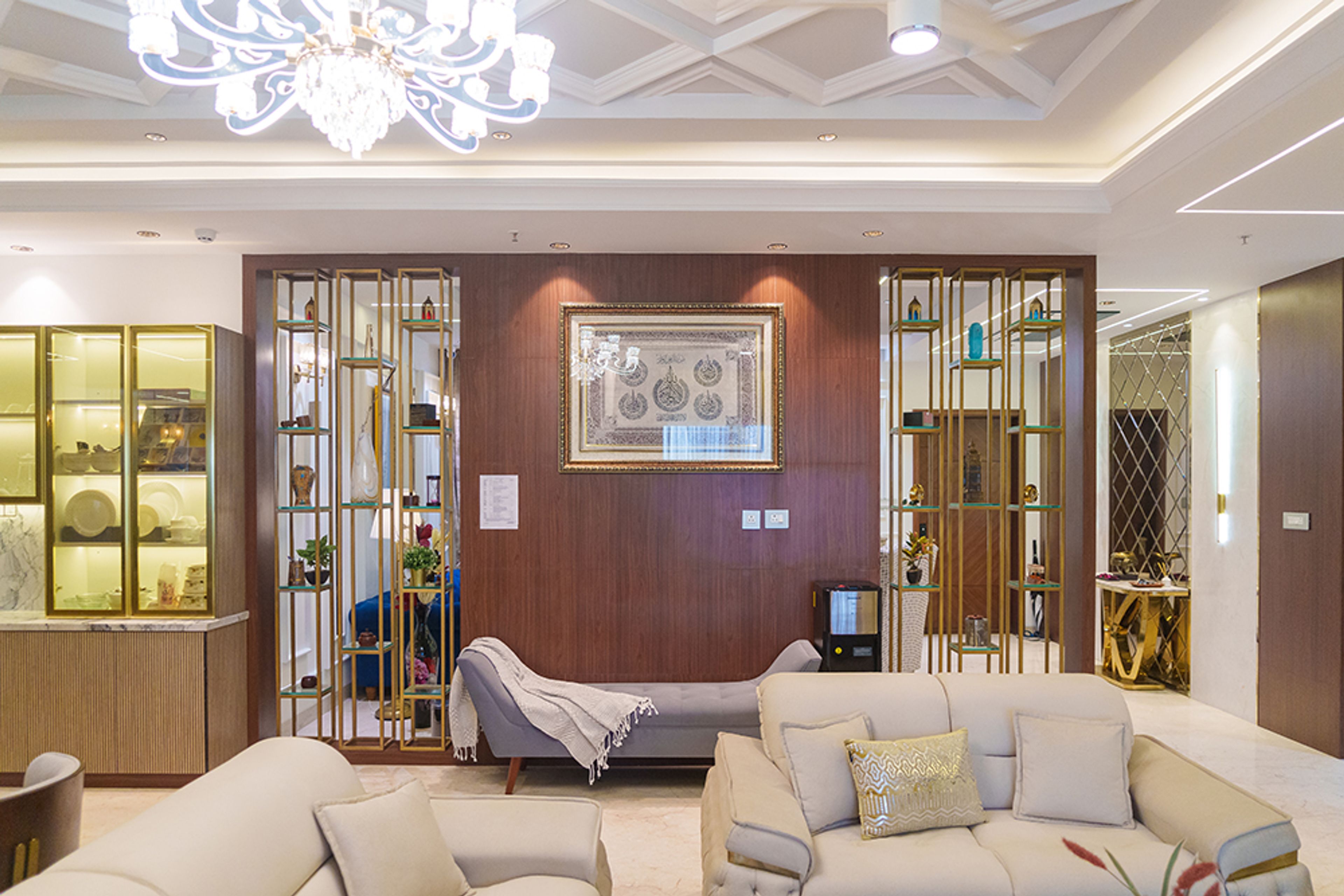 Living Room Design with Wooden Wall Partition with Golden Display Units and Seating Bench