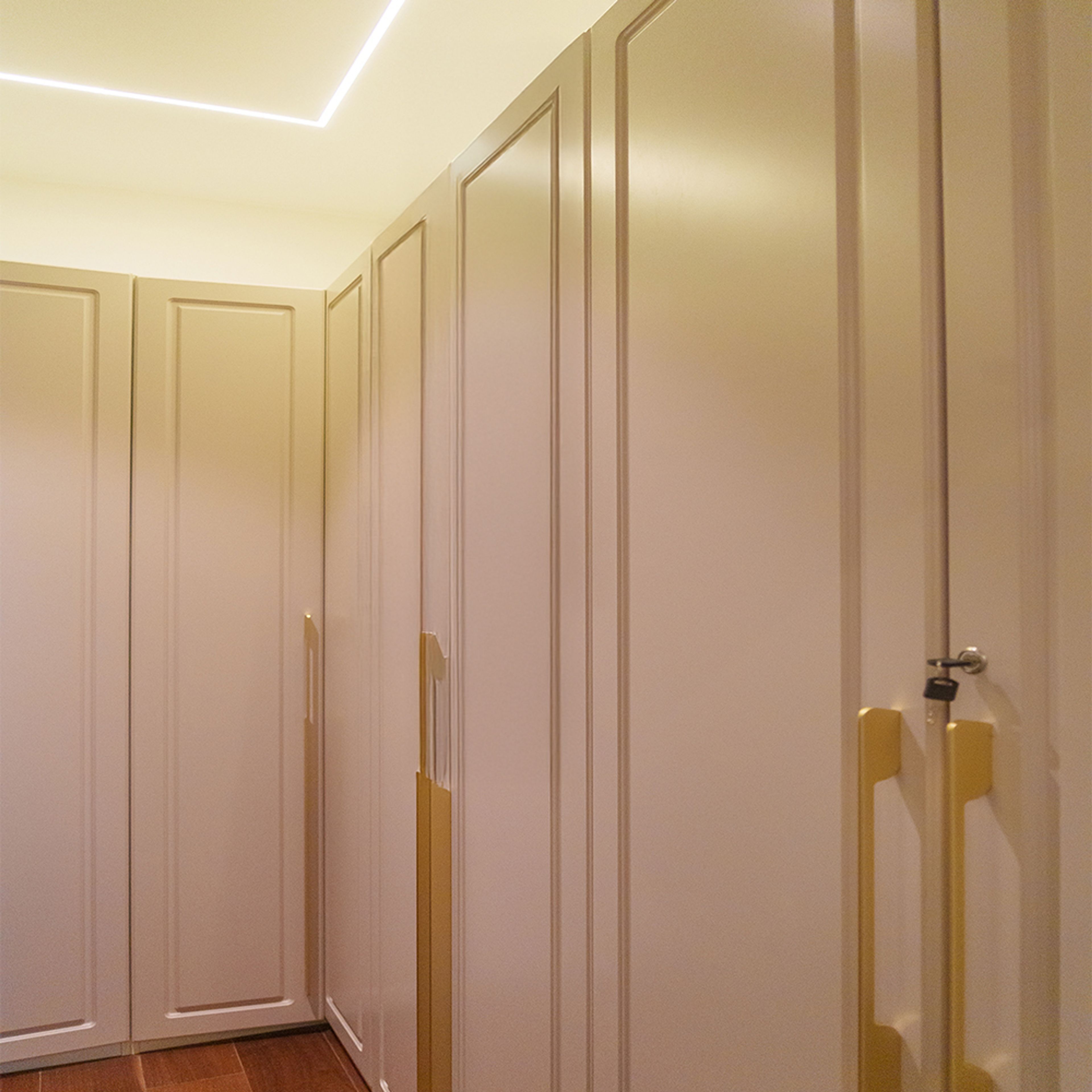 6-Door beige Swing Wardrobe Design with Gold Handles