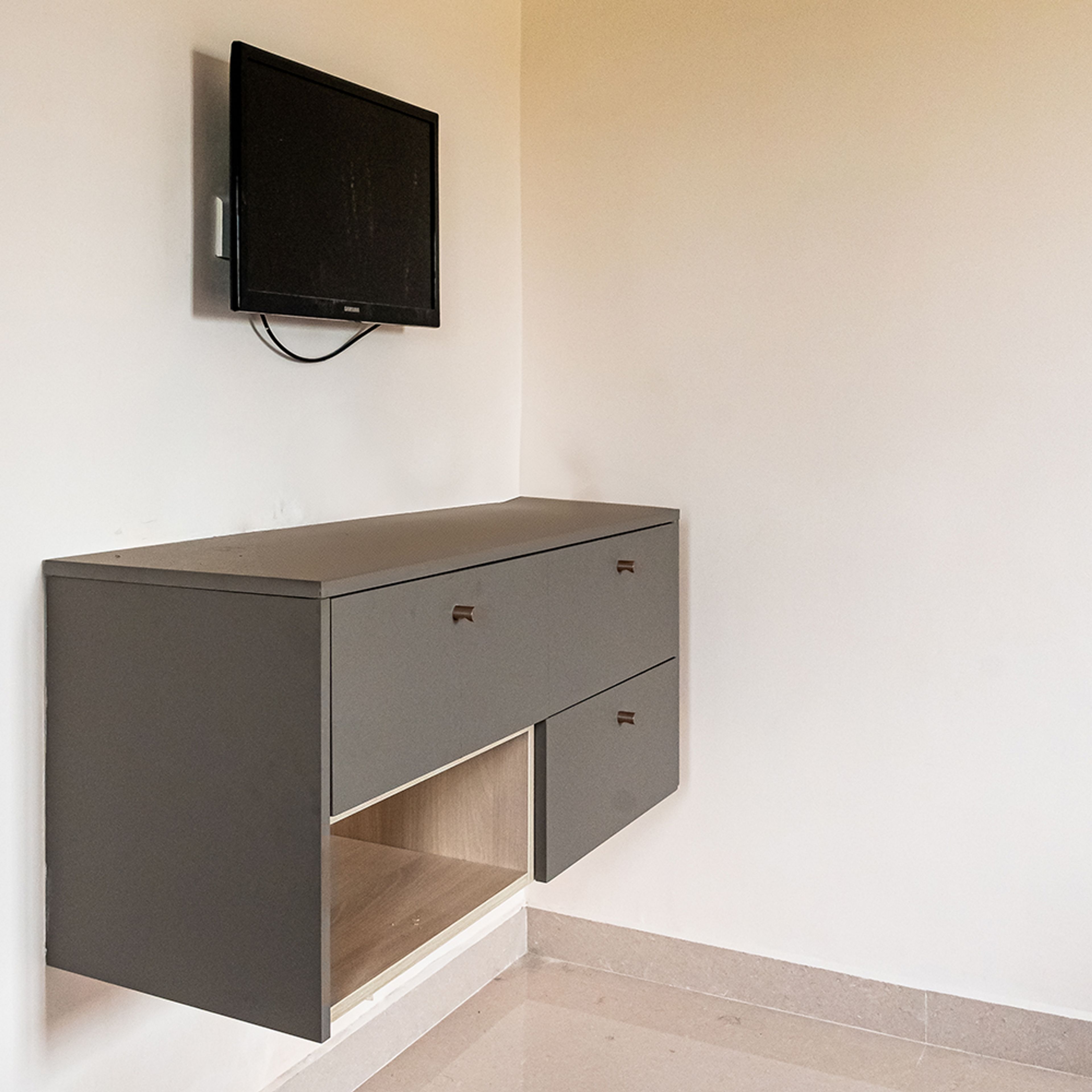 TV Unit Design with Grey Wall Mounted Drawers