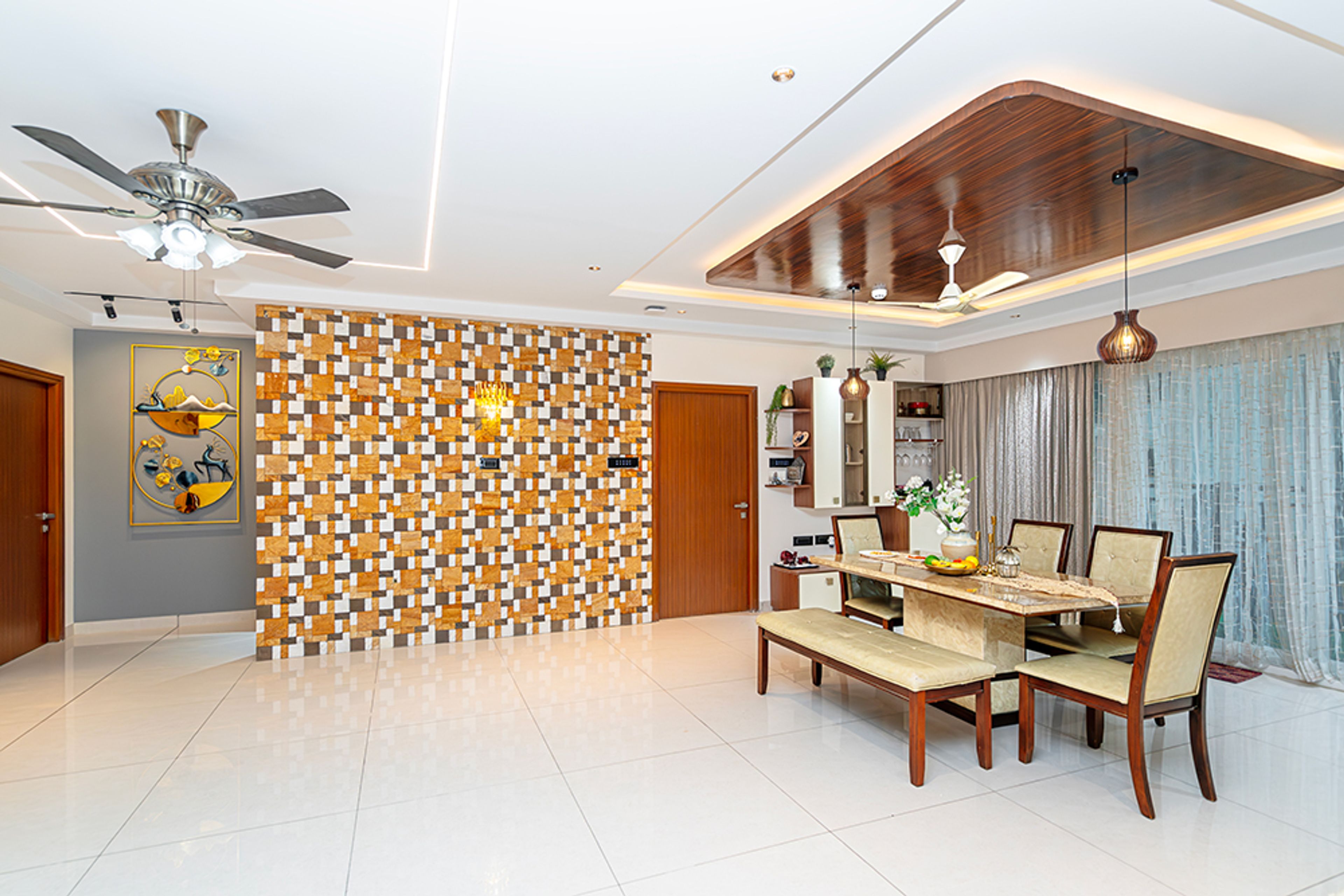 Dining Room Design with 4 Chairs, Cushioned Bench, and Yellow, Grey and White Patterned Wall