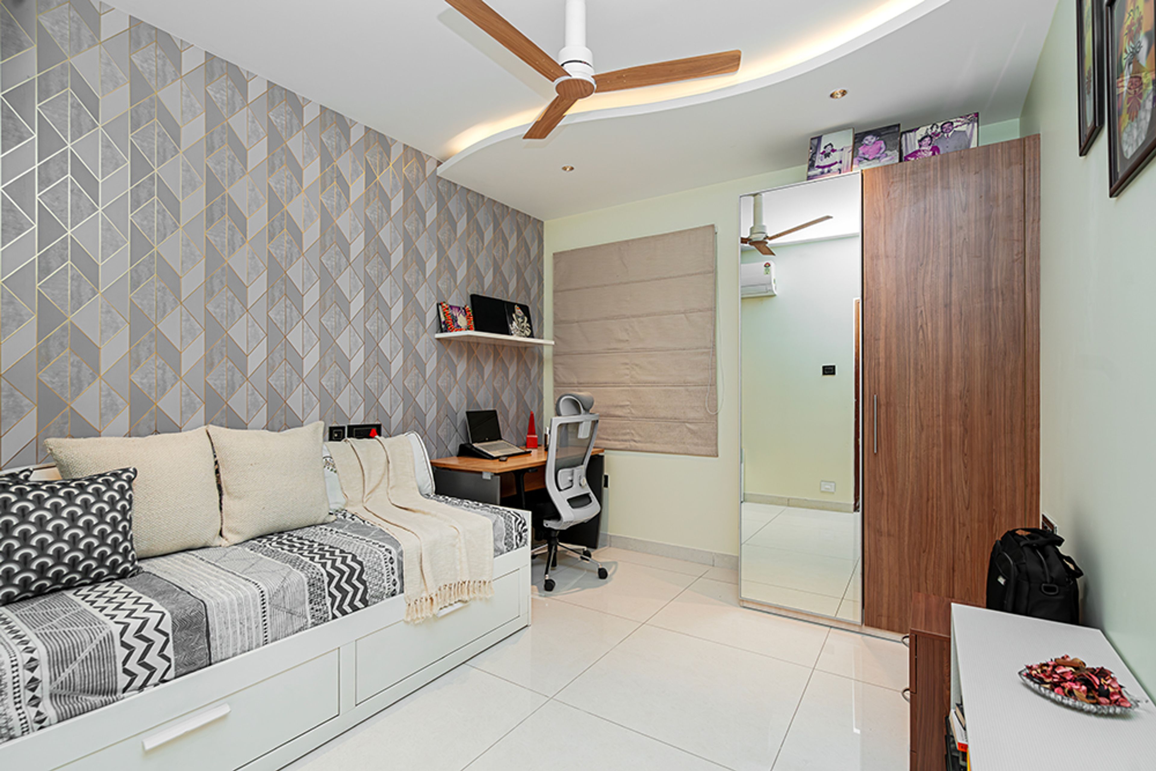 Home Office Design with Sofa with Storage, Study Desk and 2-Door Swing Wardrobe