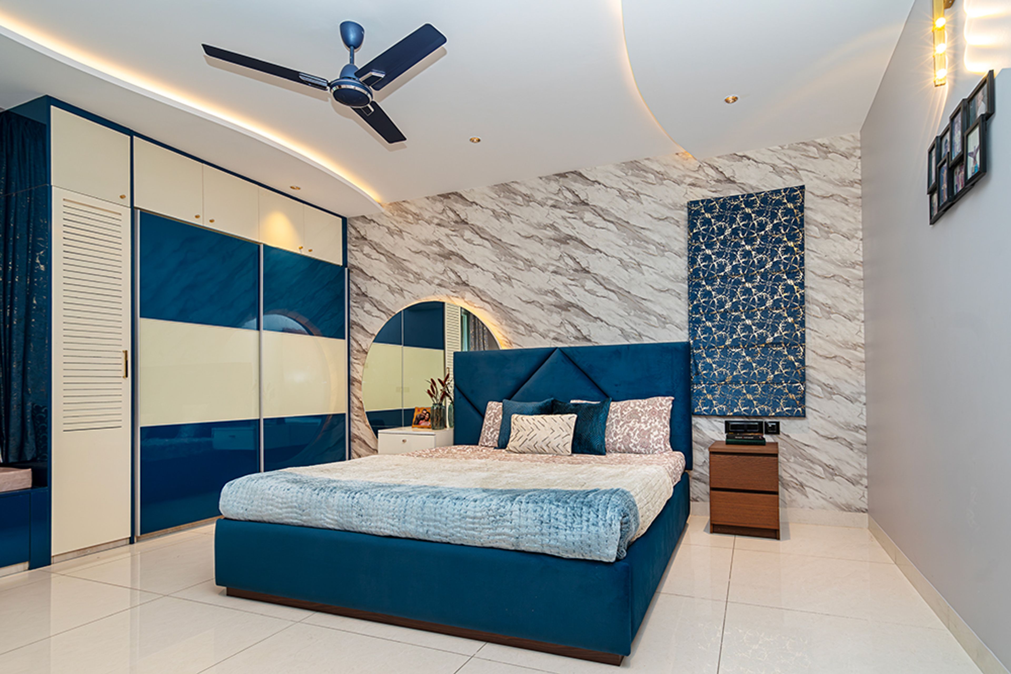Bedroom Design with Beige and Cream 2-Door Sliding Wardrobe Design and 1-Door Swing Wardrobe