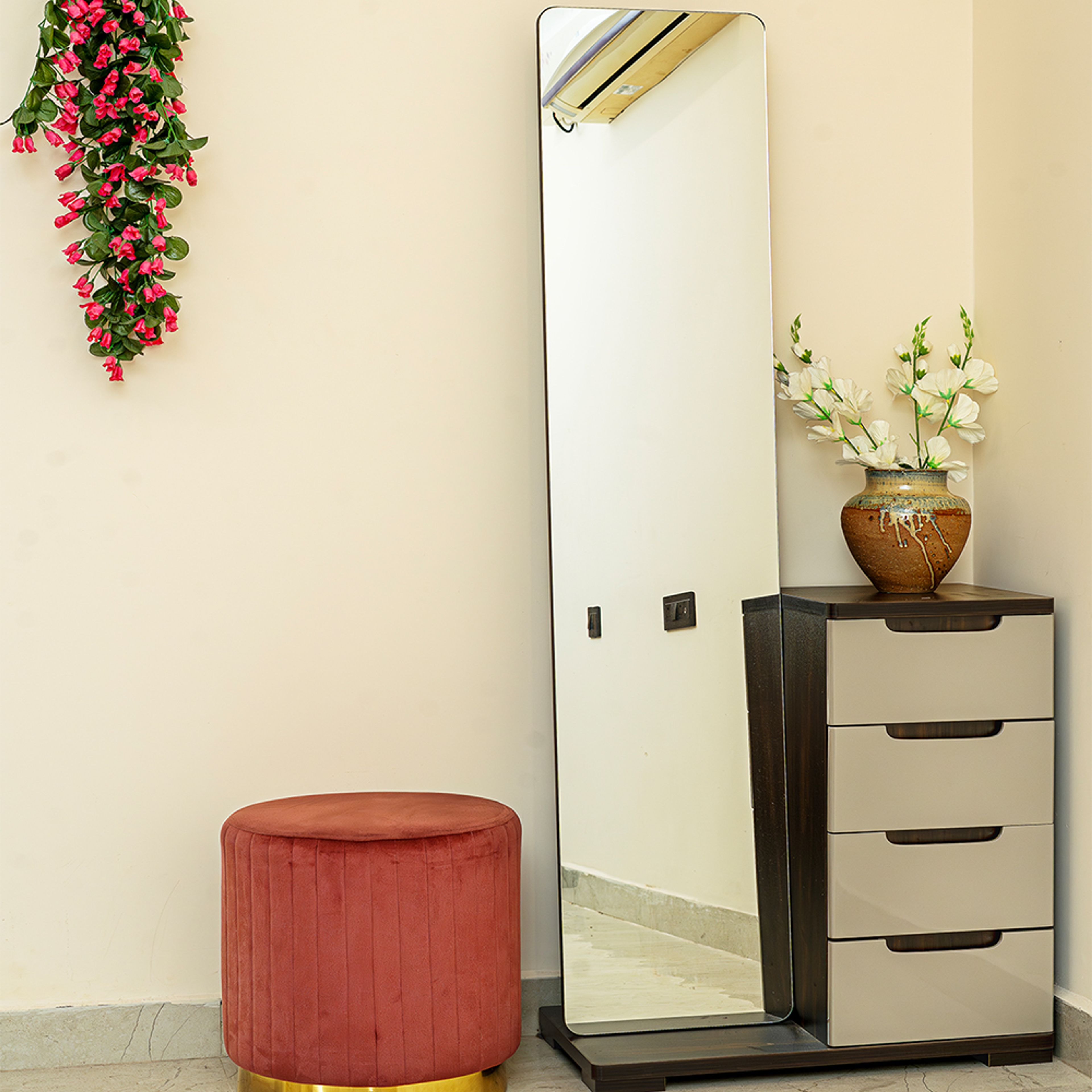 Vanity Corner With Tall Mirror, Velvet Ottoman and Drawer Storage