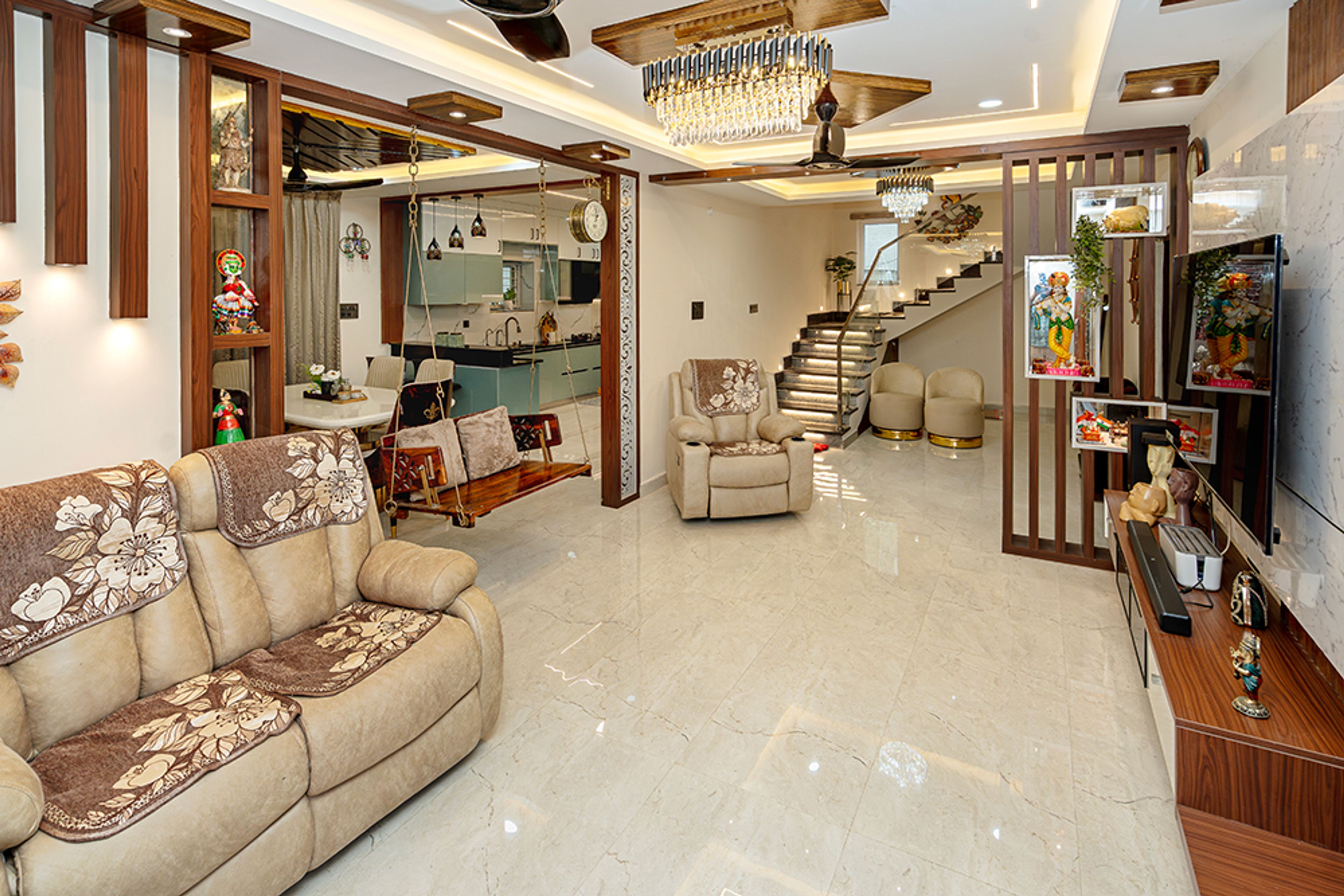 Living Room Design with Cream Sofas, Wooden TV Unit and Wooden Swing