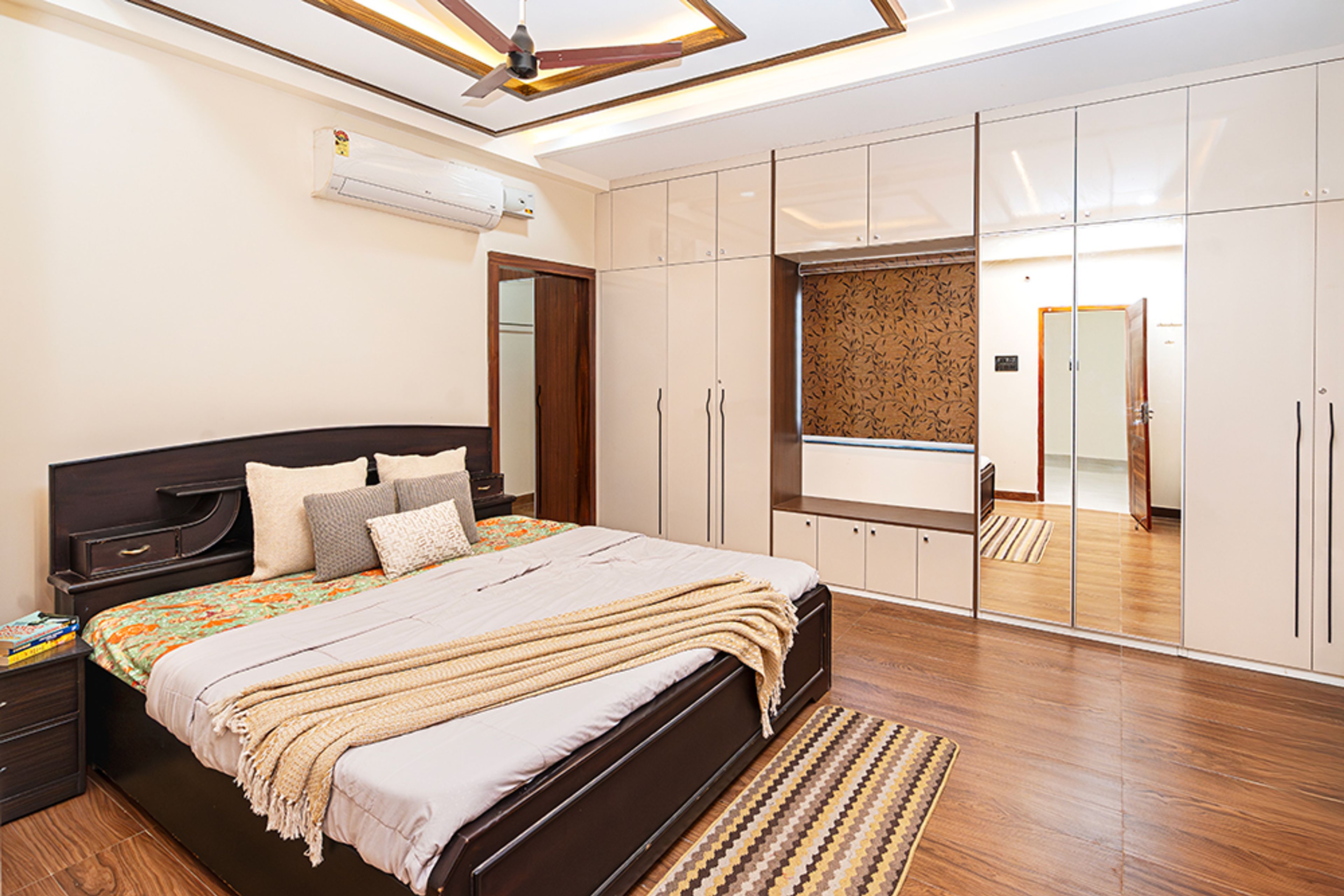 Bedroom Design with 5-Door Beige Swing Wardrobe with 2-Door Mirror Integrated Swing Wardrobe