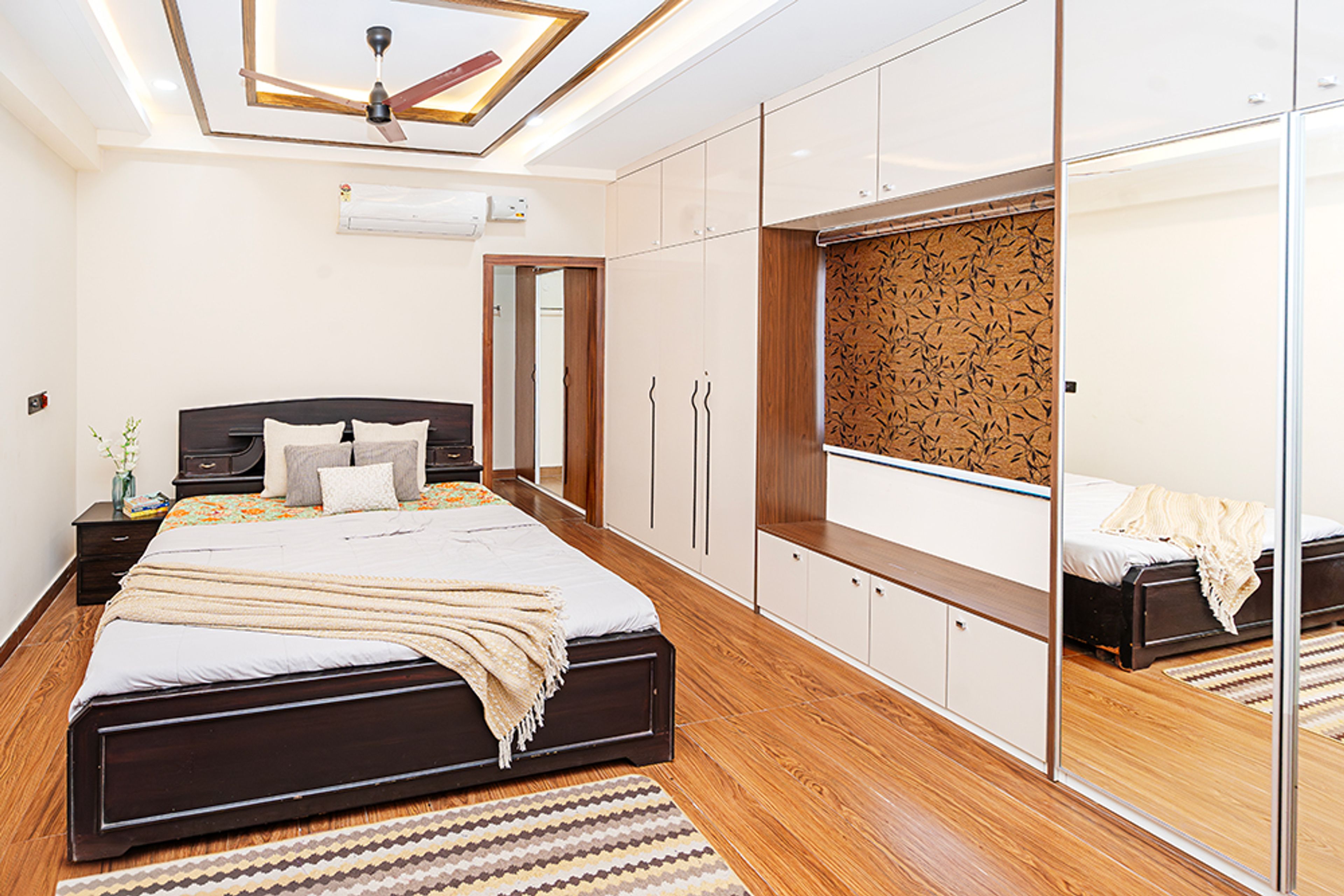 Bedroom Design with 5-Door Beige Swing Wardrobe with 2-Door Mirror Integrated Swing Wardrobe
