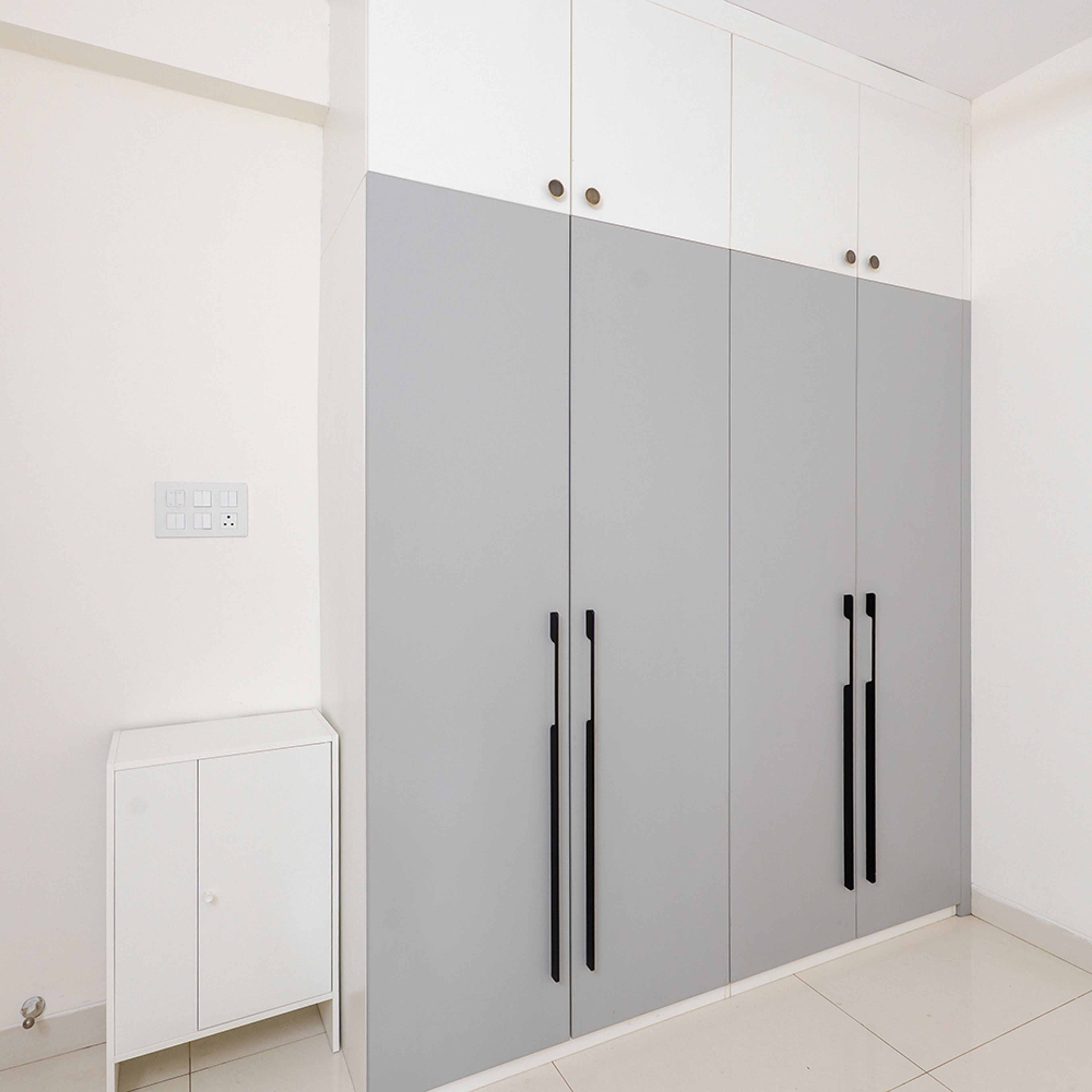 4-Door Grey Swing Wardrobe Design with White Loft Unit