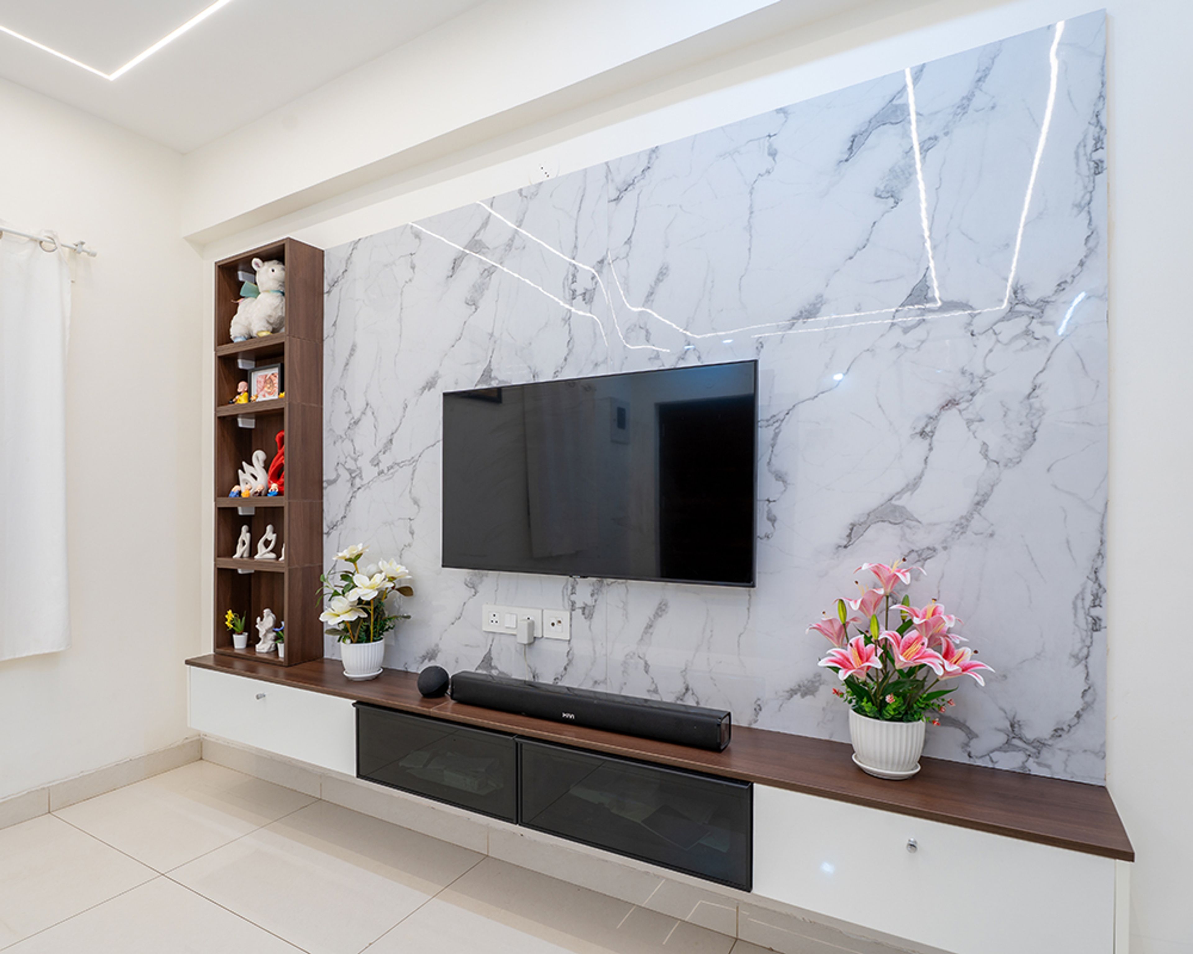 TV Unit Design with White Marble Backsplash and Open Shelving Unit
