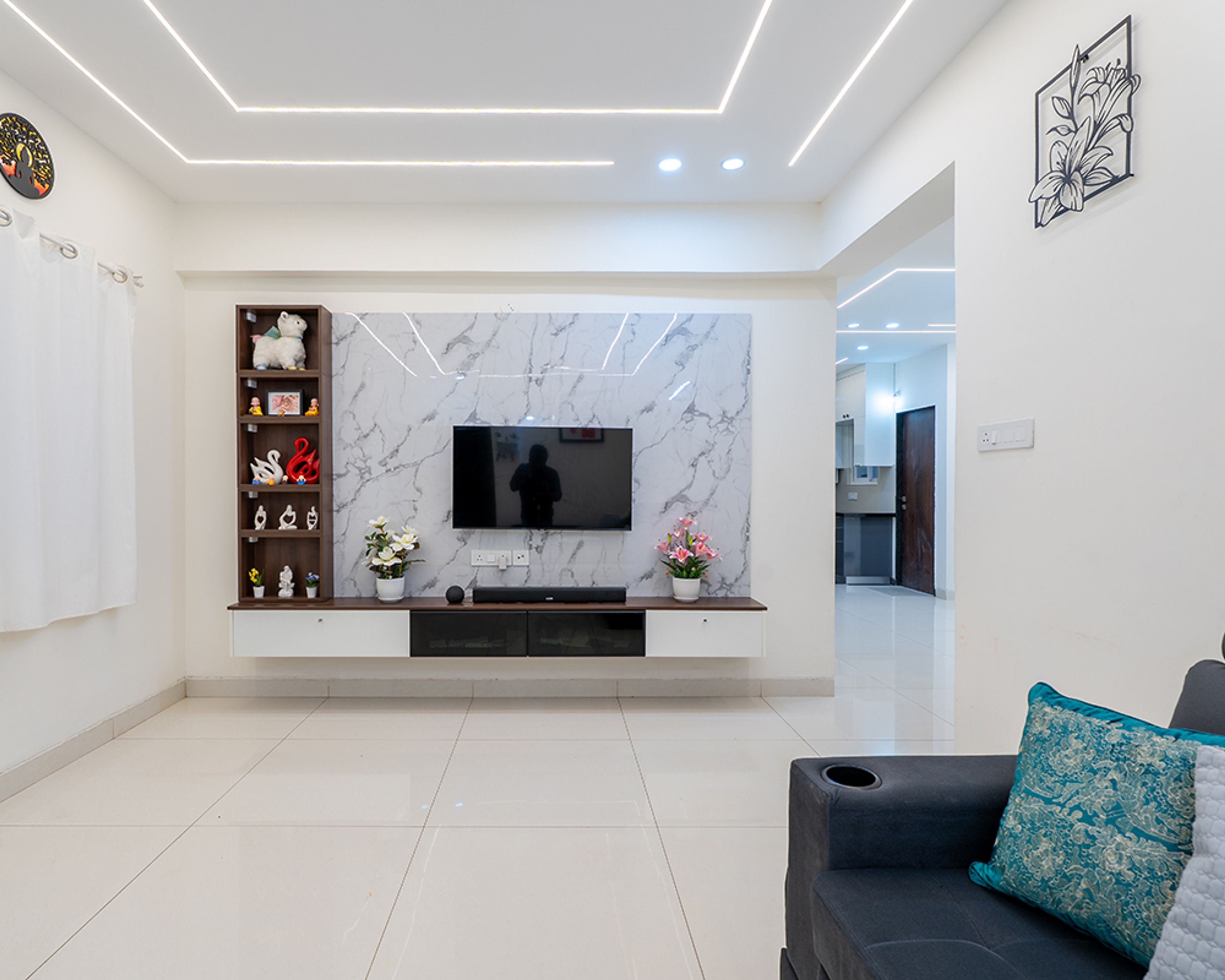 TV Unit Design with Marble Wall Panel and Wooden Floating Cabinet