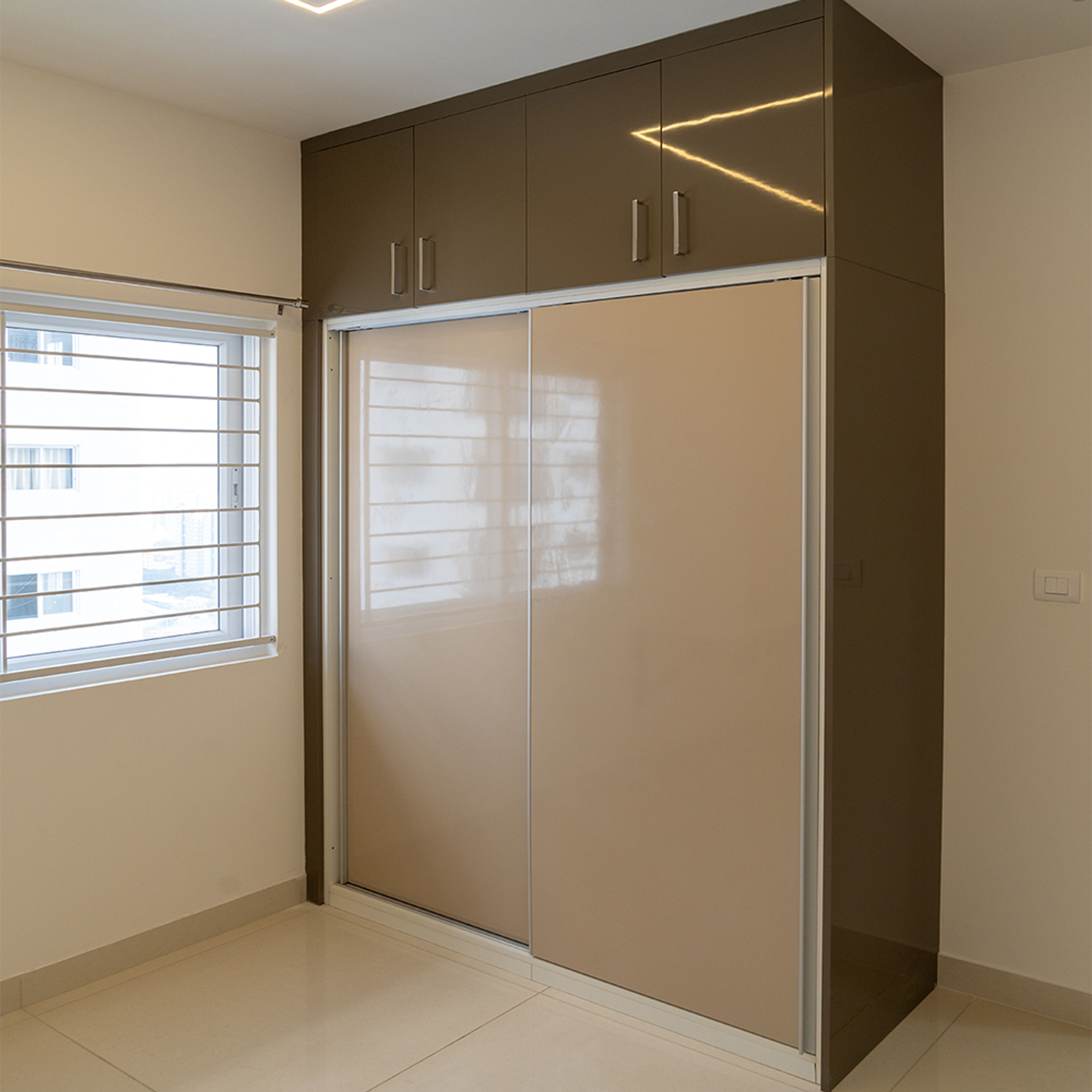 2-Door Light Brown Sliding Wardrobe Design with Loft Unit