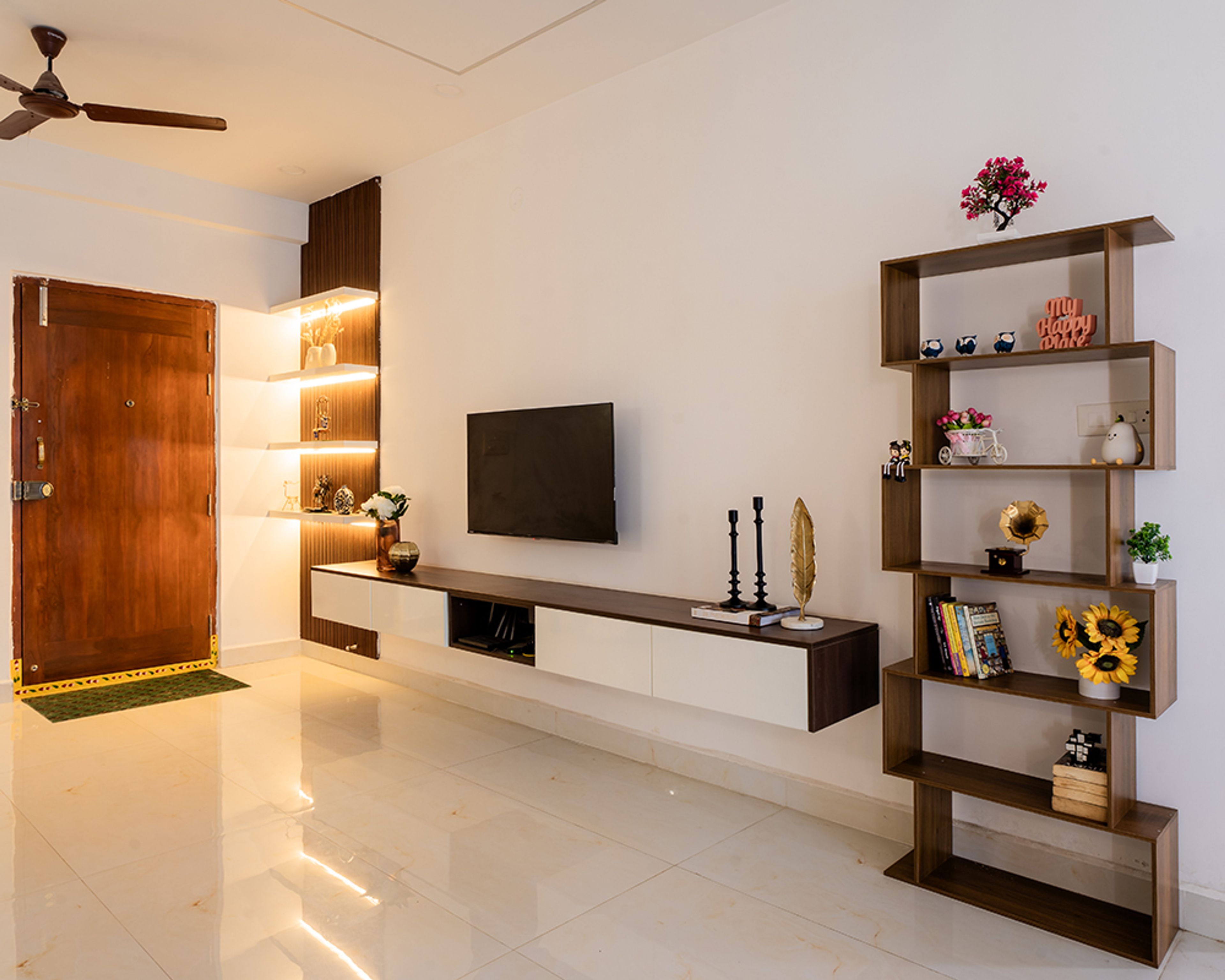 TV Unit Design with Floating Wooden Cabinet and Tall Open Shelves