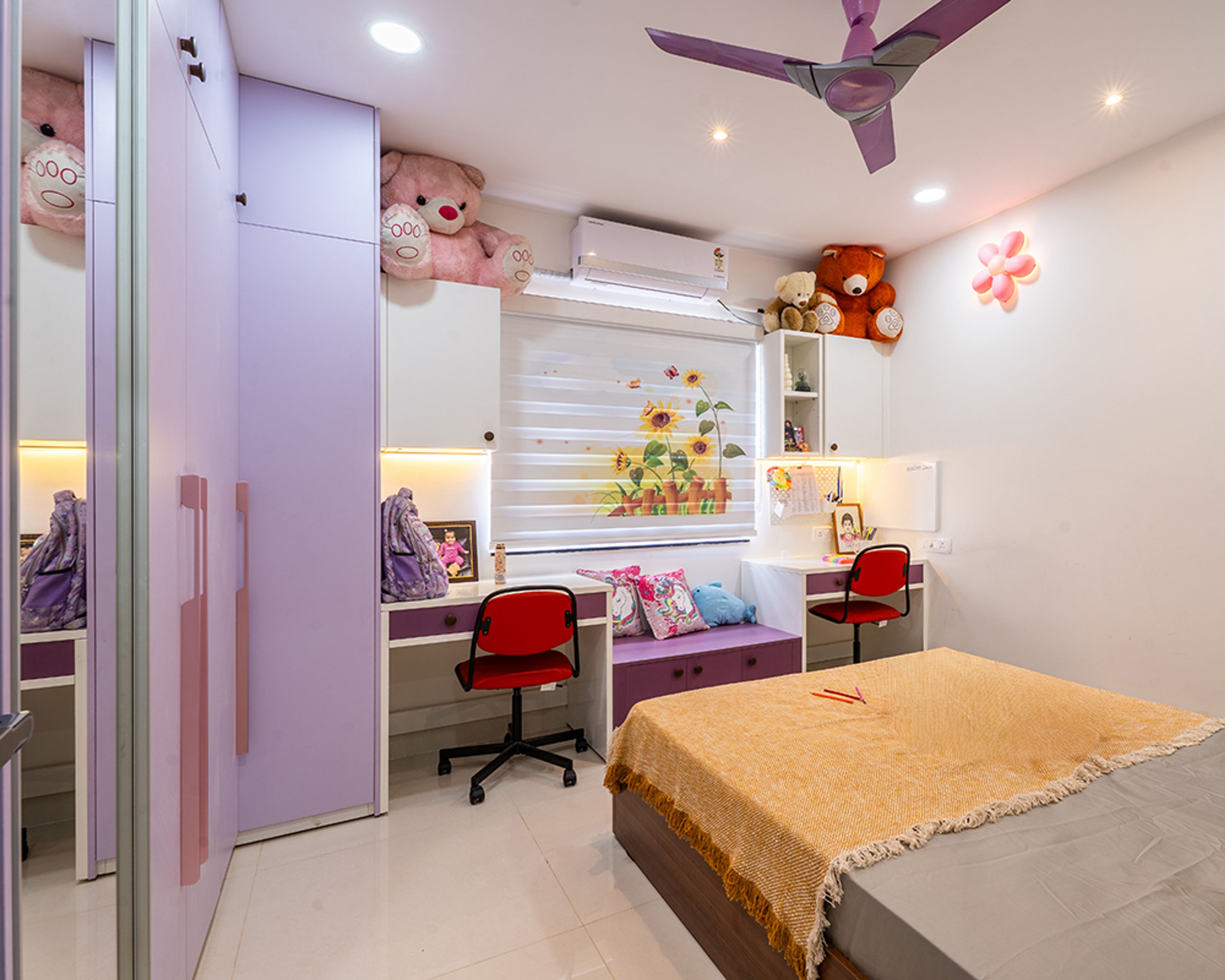 Kids Bedroom Design with Purple Wardrobe and Double Study Desk