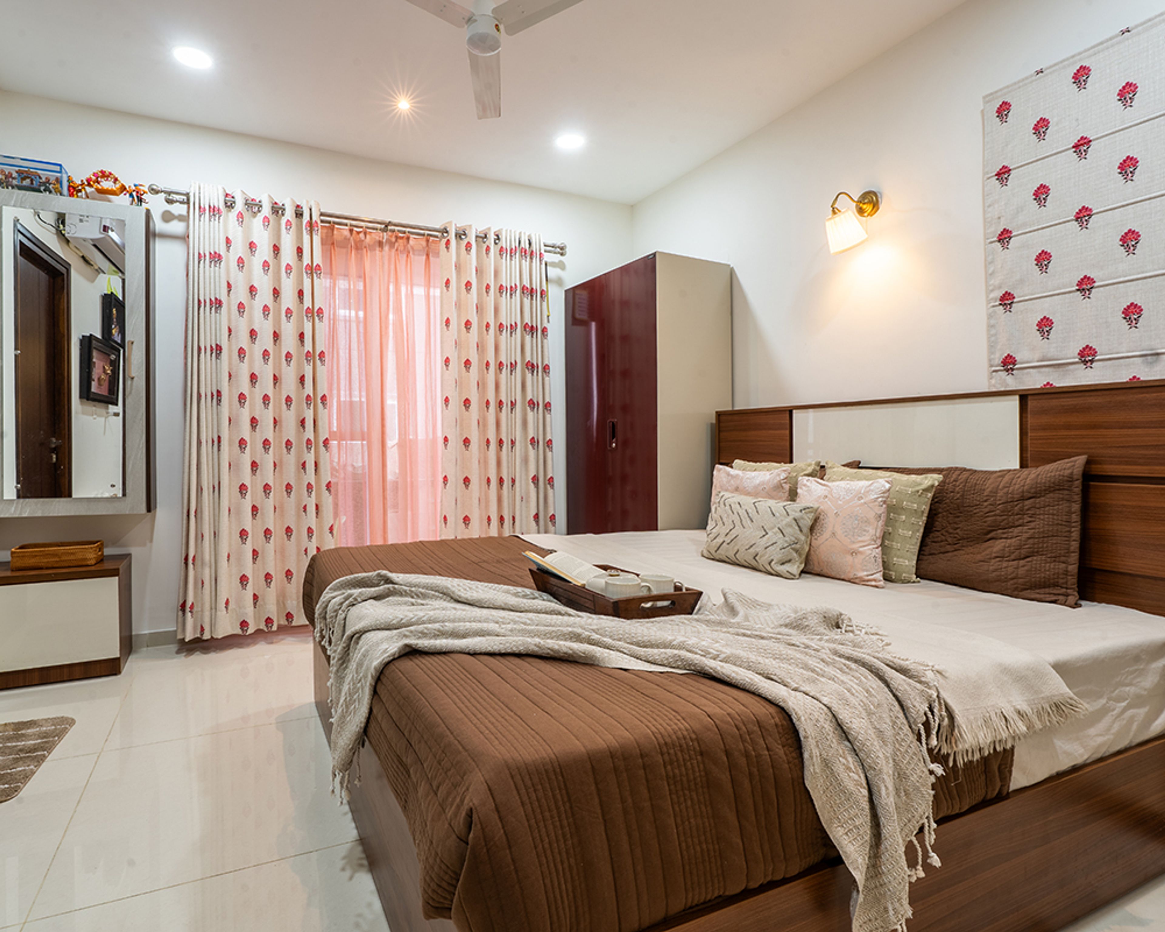 Bedroom Design with Brown Bed and Wall Mounted Dressing Unit