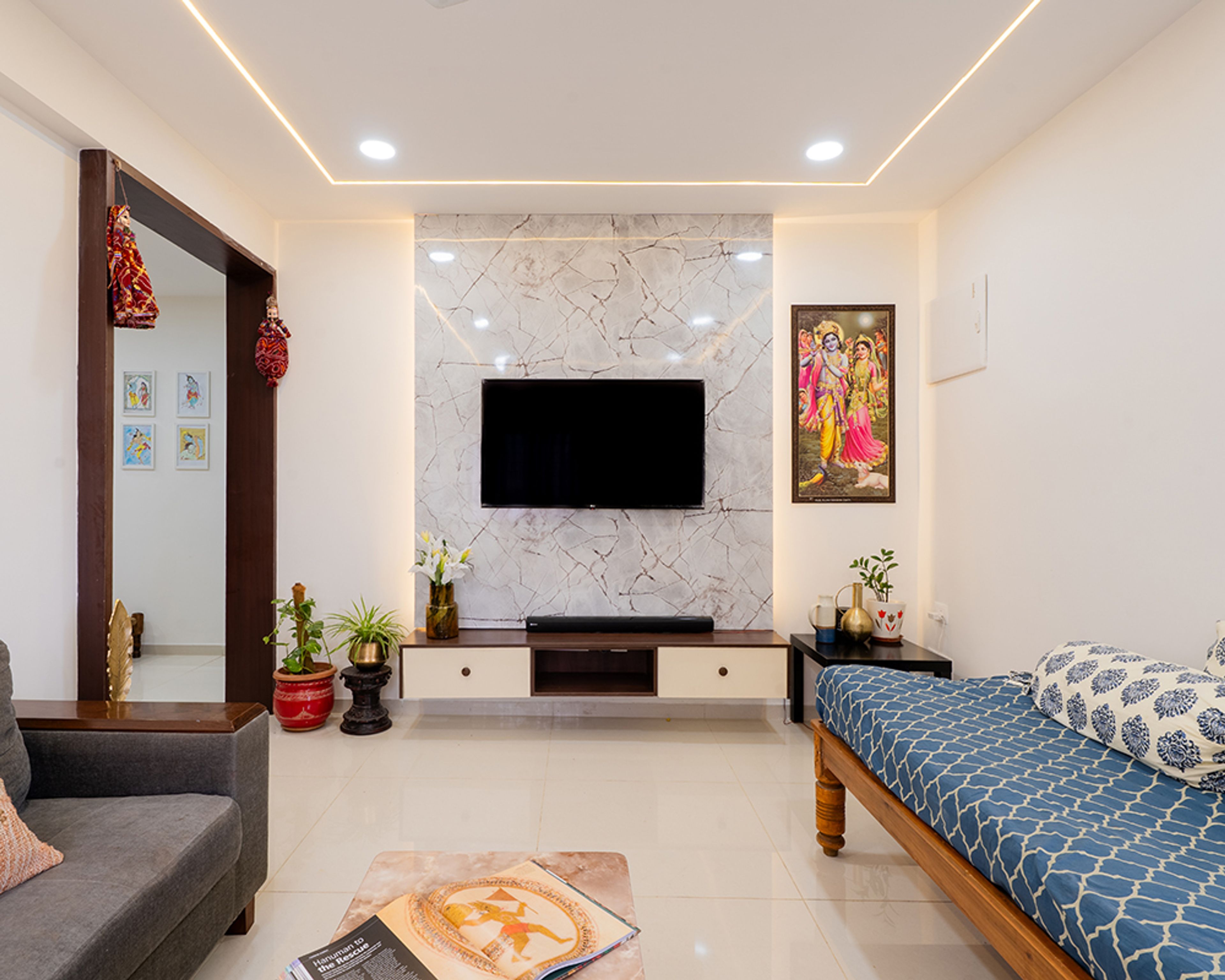 Living Room Design with Wall-Mounted TV Unit with Marble Backsplash