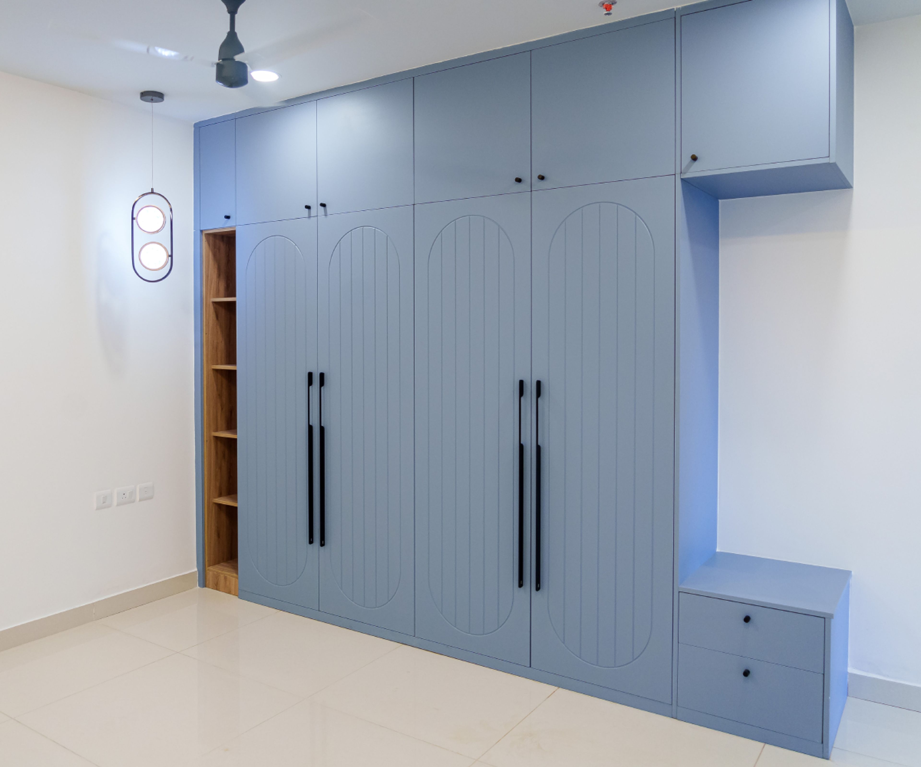 Powder Blue 4-Door Swing Wardrobe and Wooden Open Shelf and Dressing Unit