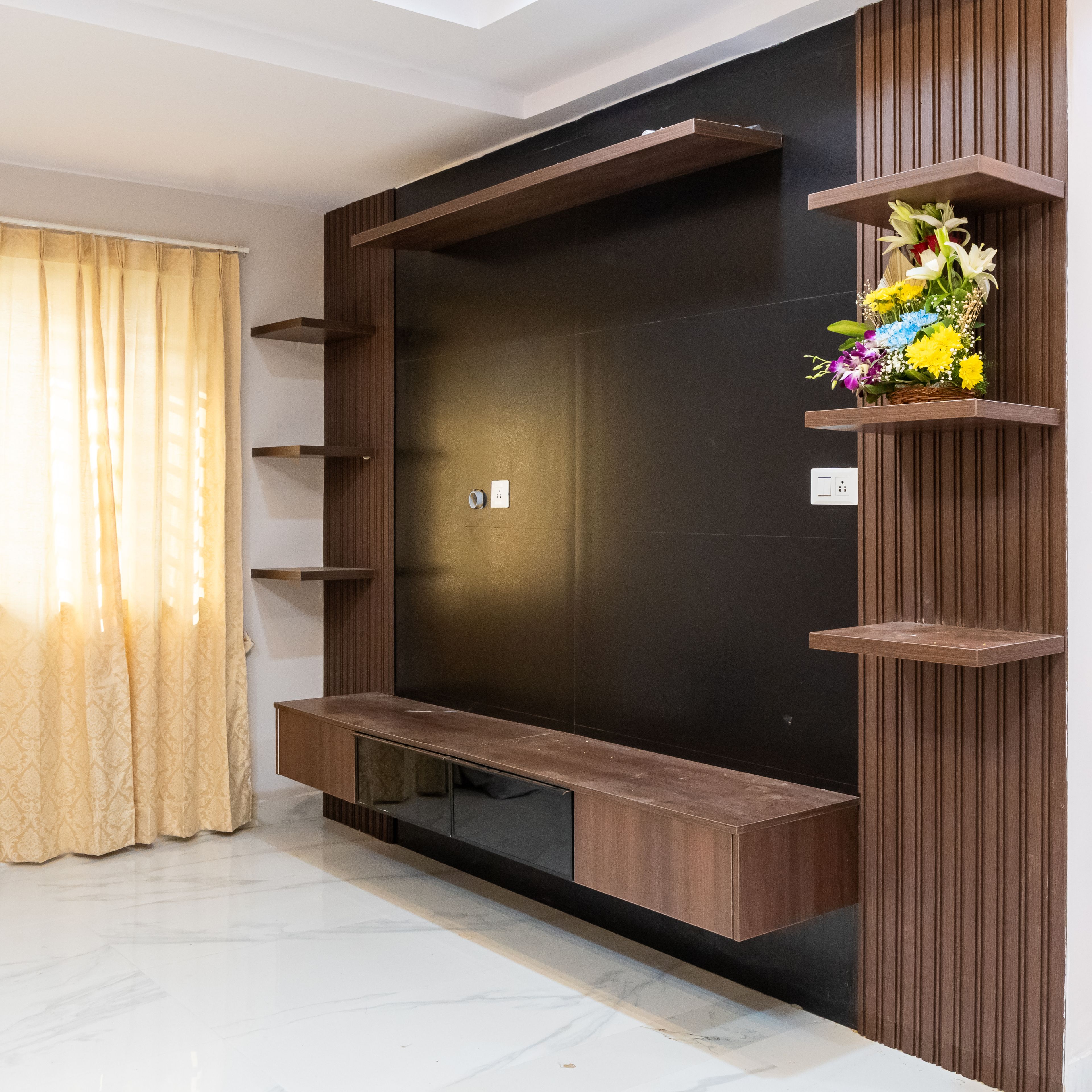 TV Unit Design with Wooden Open Shelves