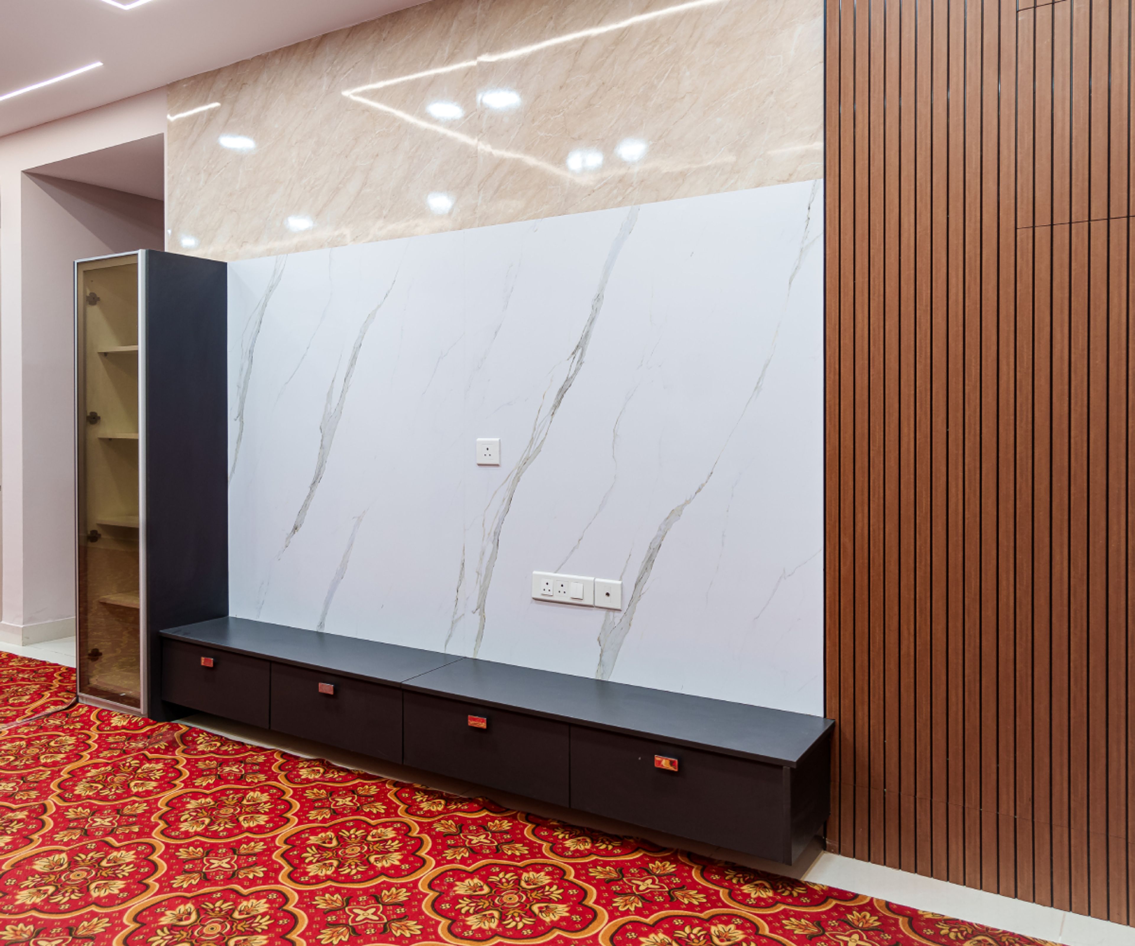 TV Unit Design with Attached Tall Unit and Marble Patterned Backsplash