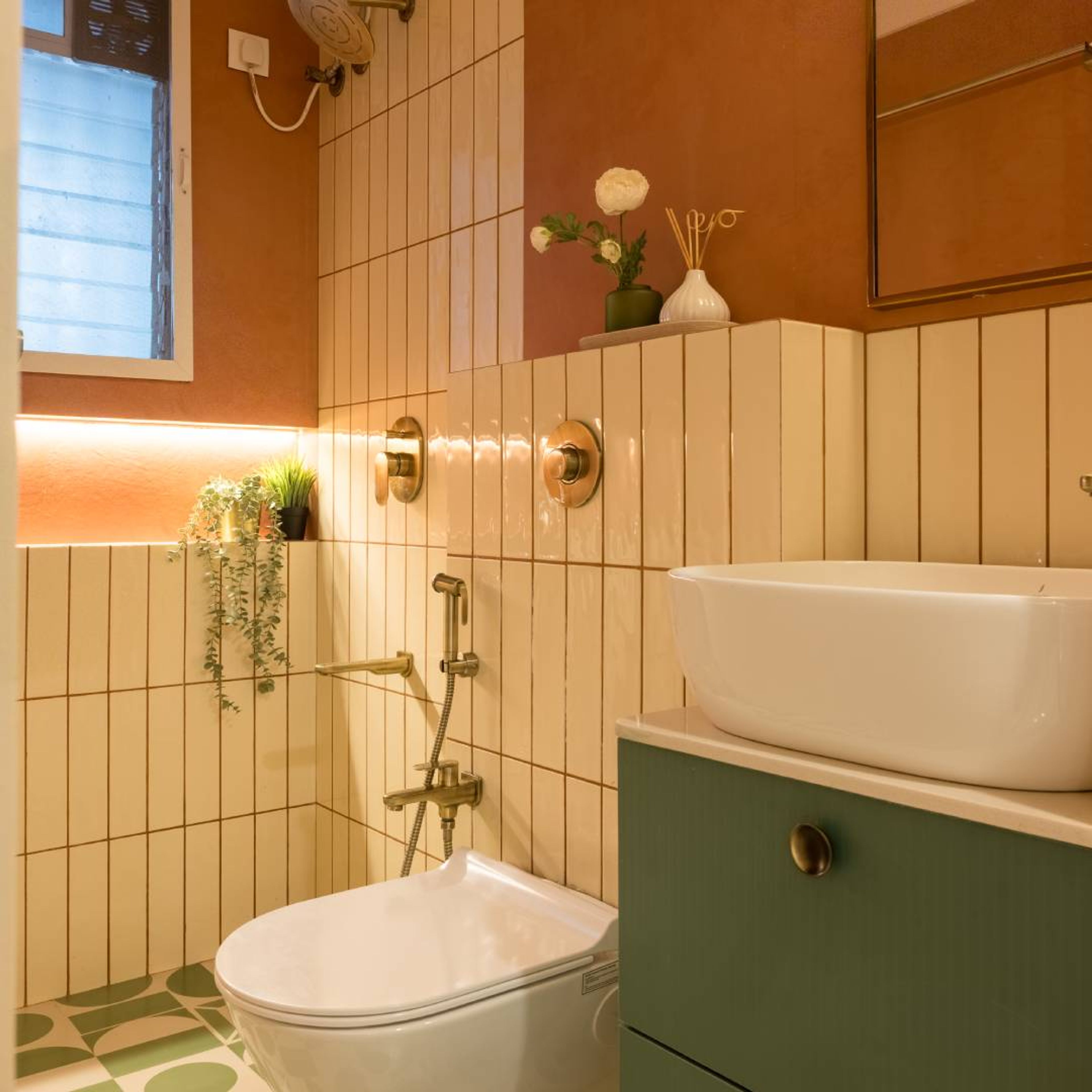 Modern Bathroom Design with Vertical Tiles and LED Shelf