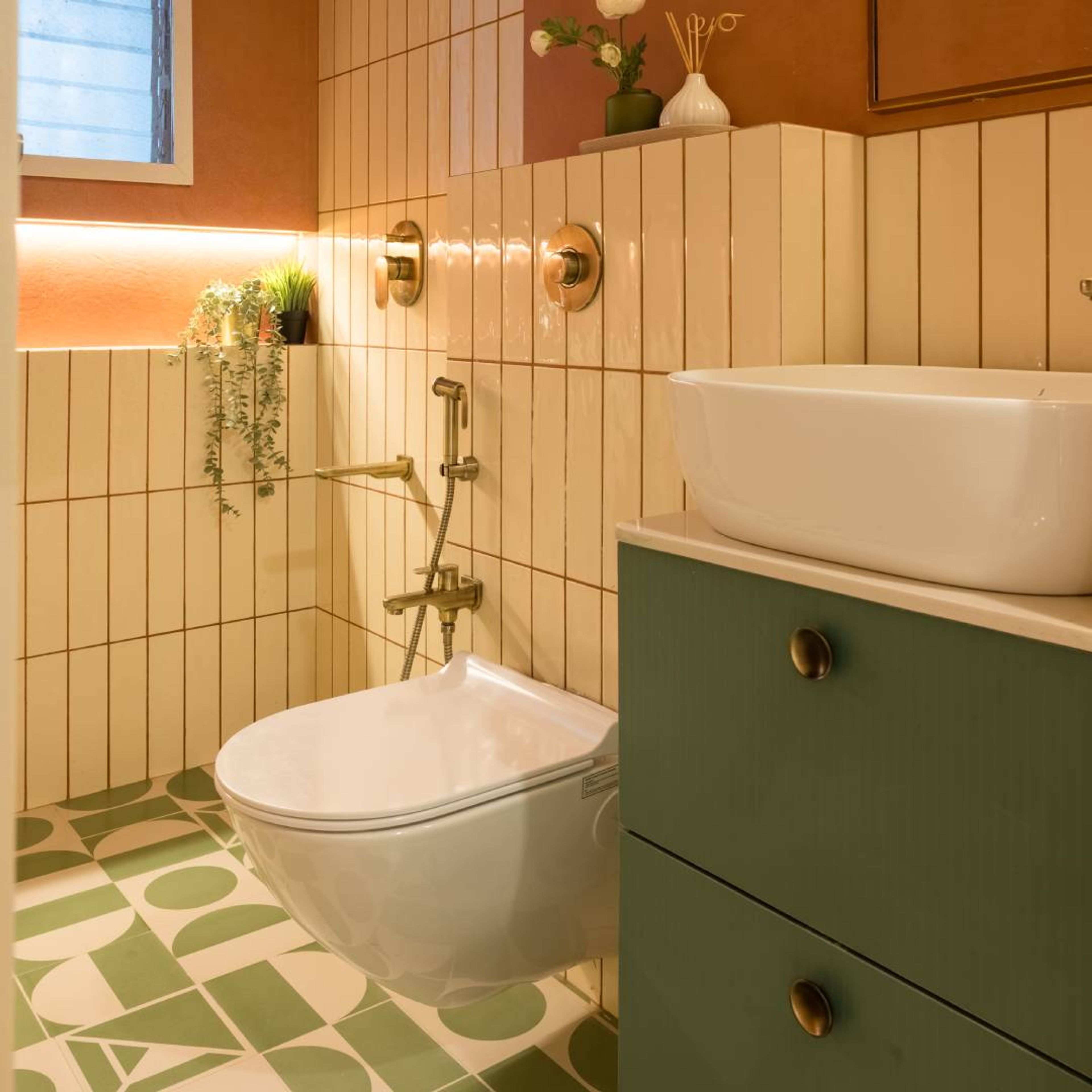 Bathroom Design with Green Cabinets and Green Geometric Pattern Flooring