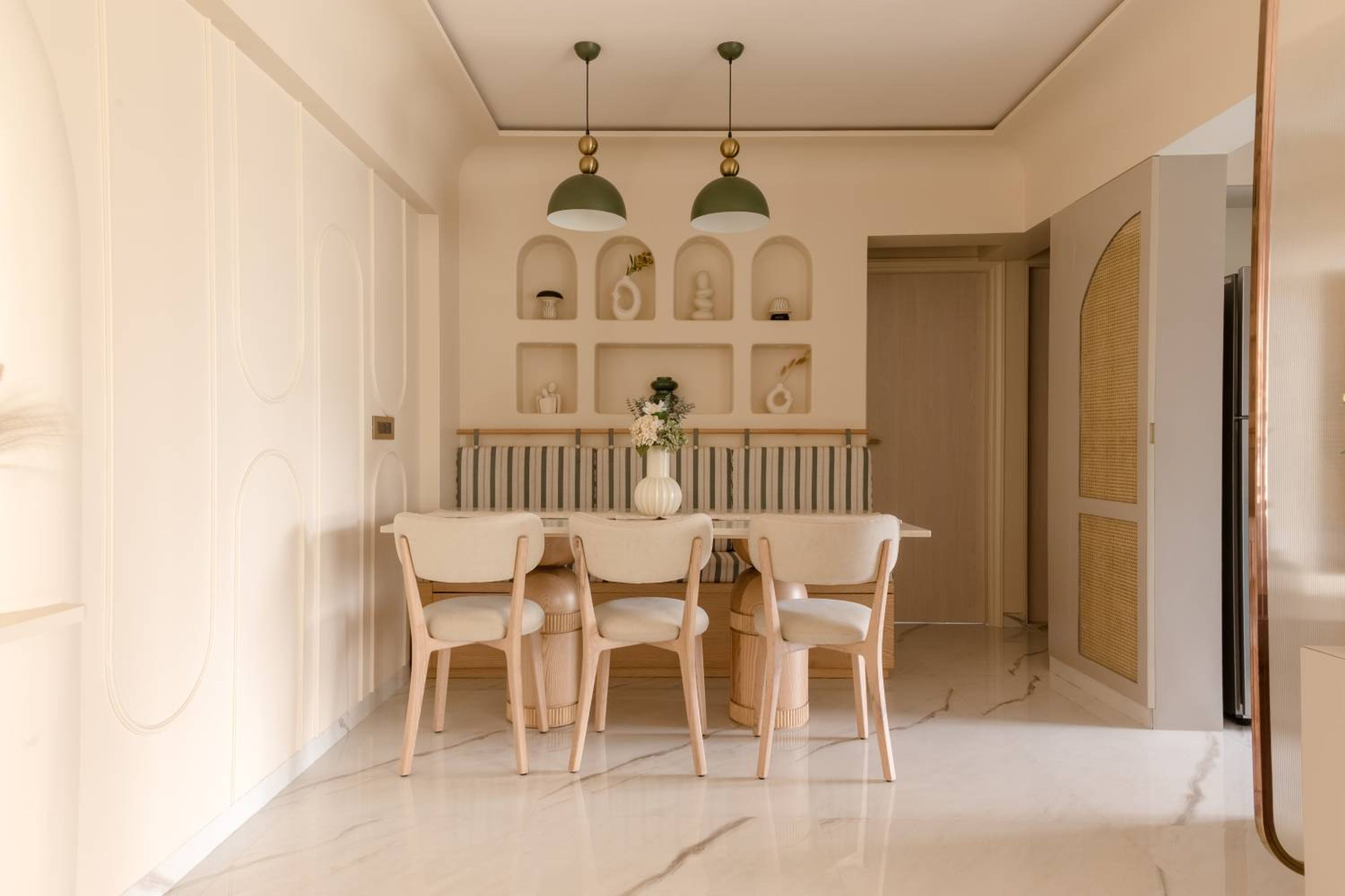Dining Room Design with 3 Cream Dining Chairs and Cushioned Bench