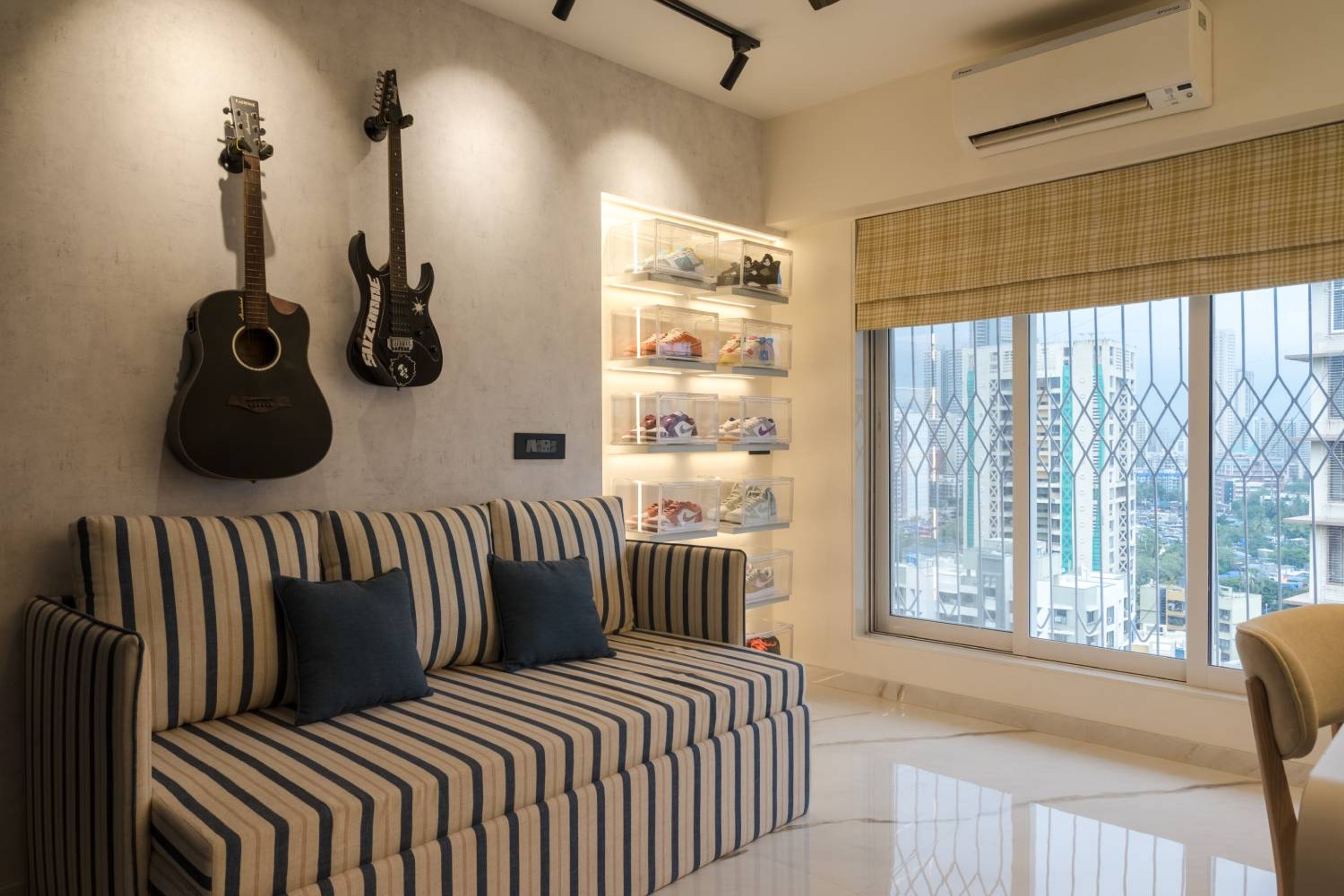 Space Saving Wardrobe Design with Blue Contrast and Grey Texture