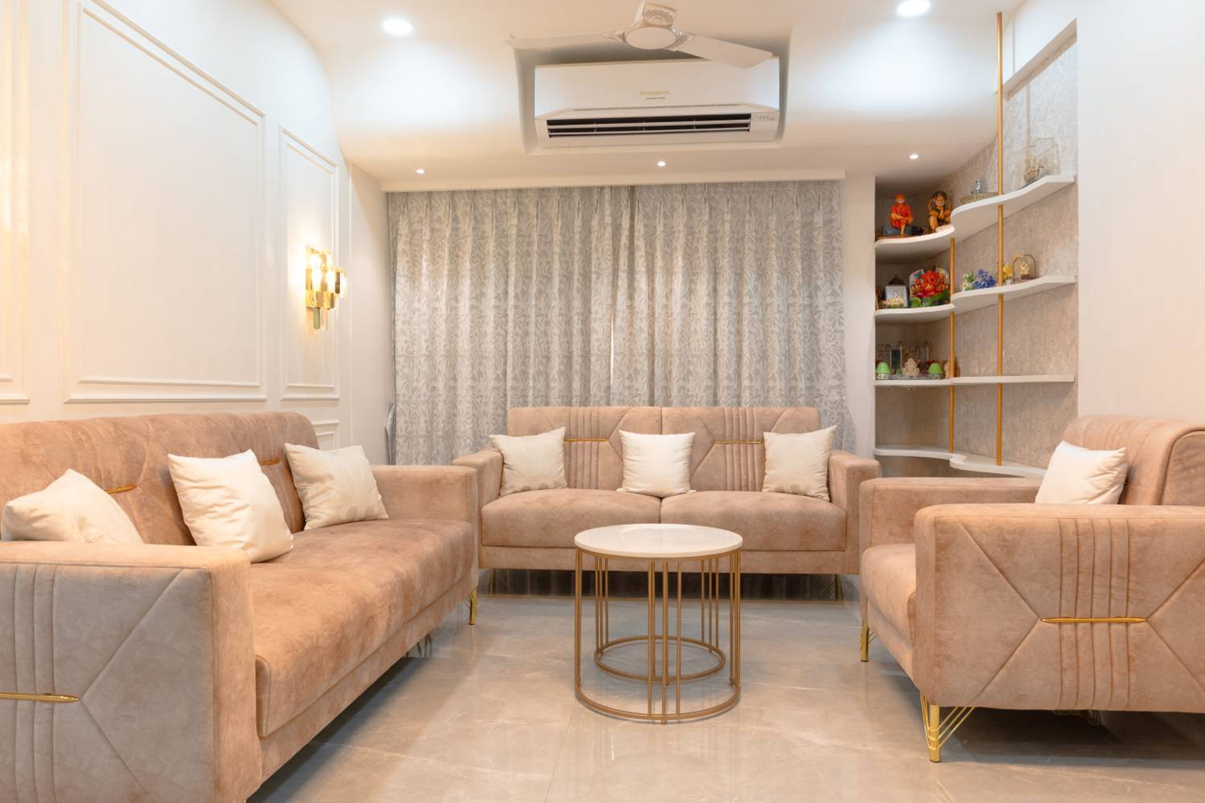 Living Room Design with Beige Sofa and Round Marble Table