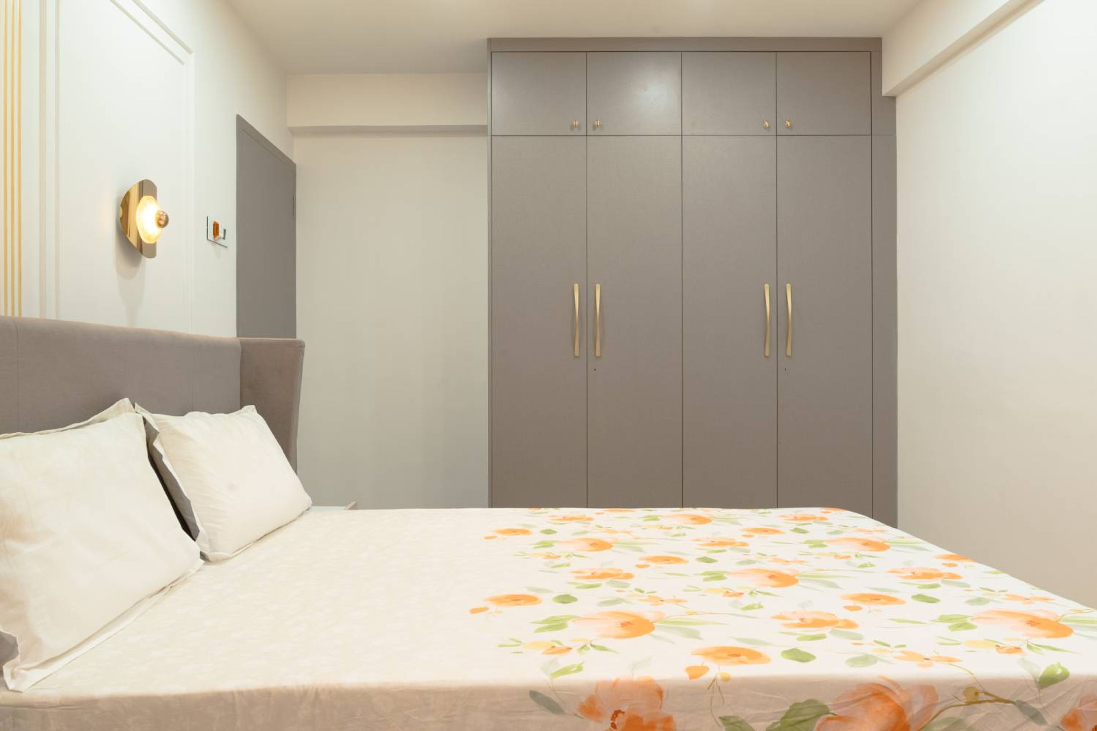 4-Door Grey Swing Wardrobe Design with Suede Finish