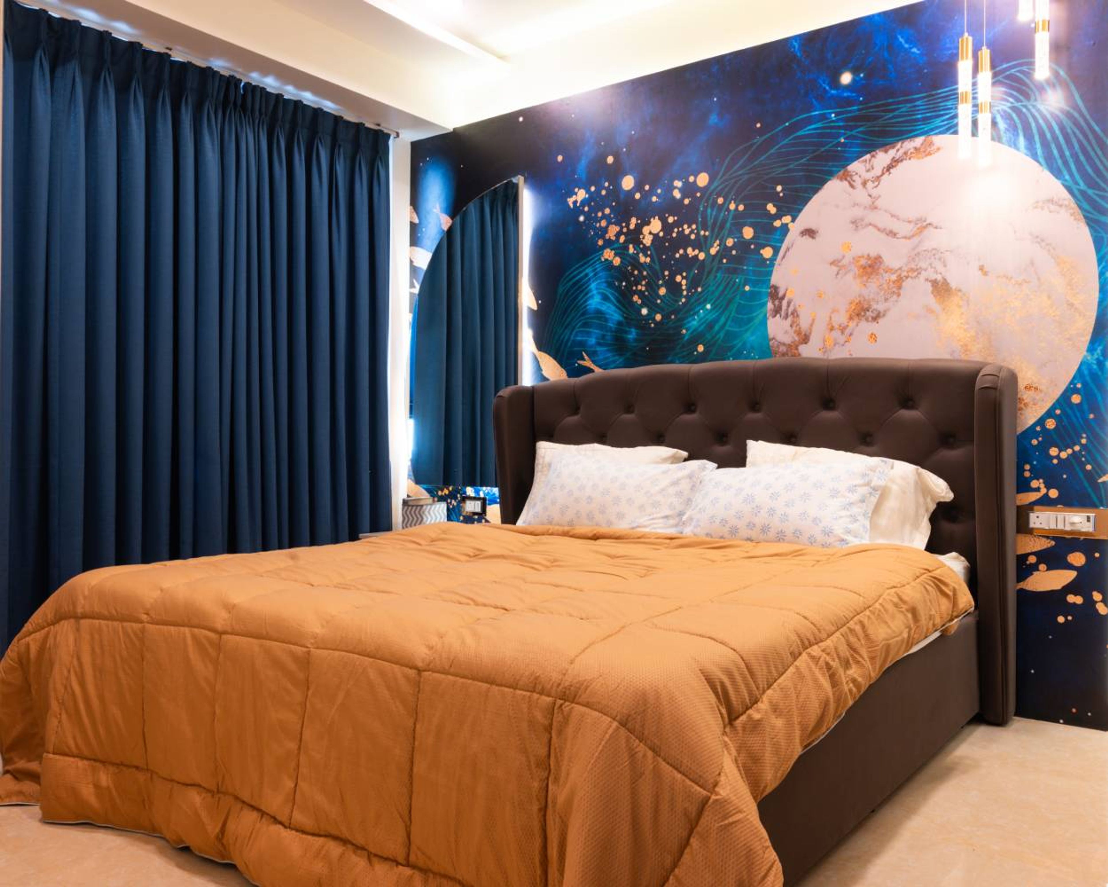 Kids Bedroom Design with Crescent Moon Wall Mounted Mirror and Space Themed Blue Wall