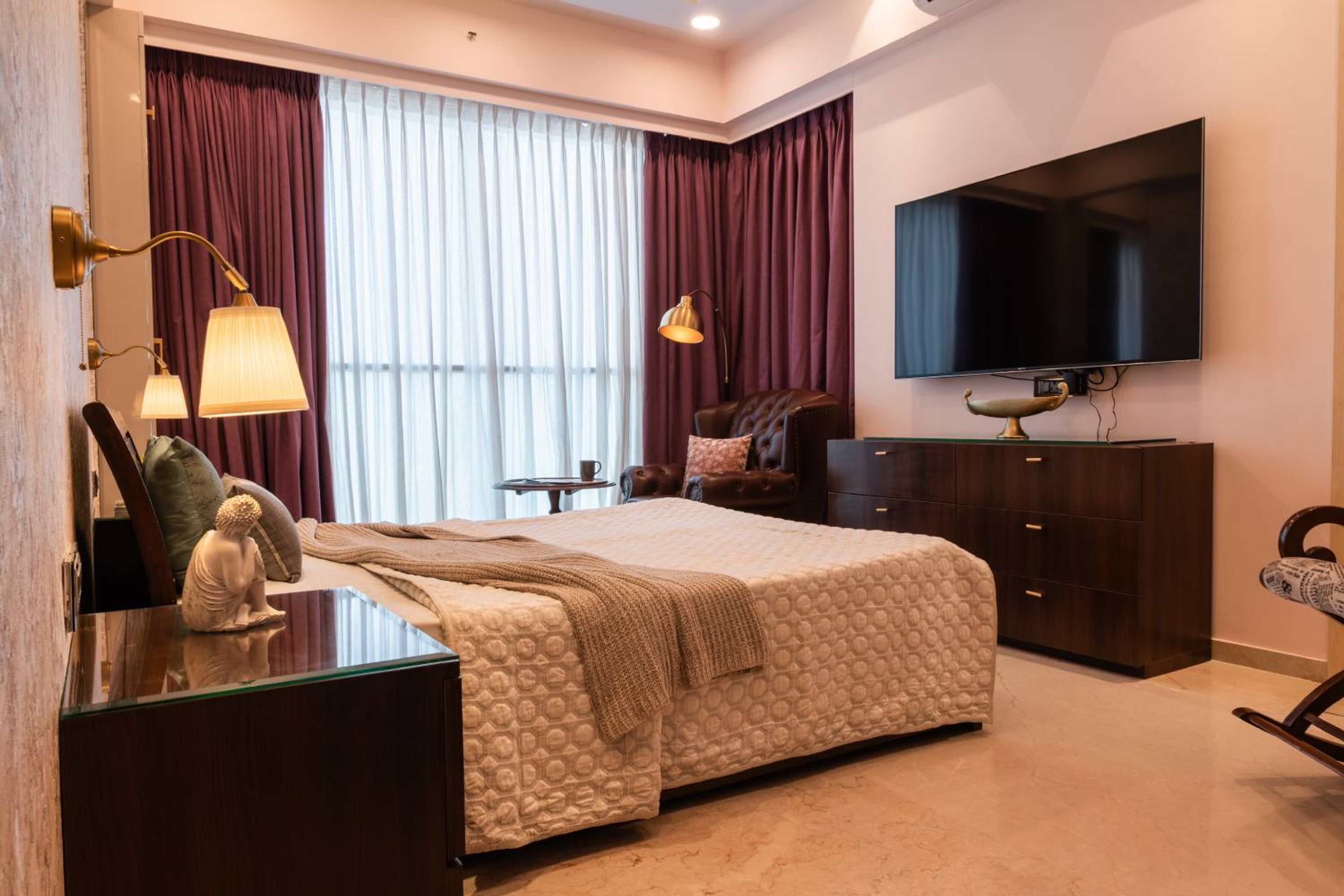 Guest Bedroom Design with Wooden TV Unit