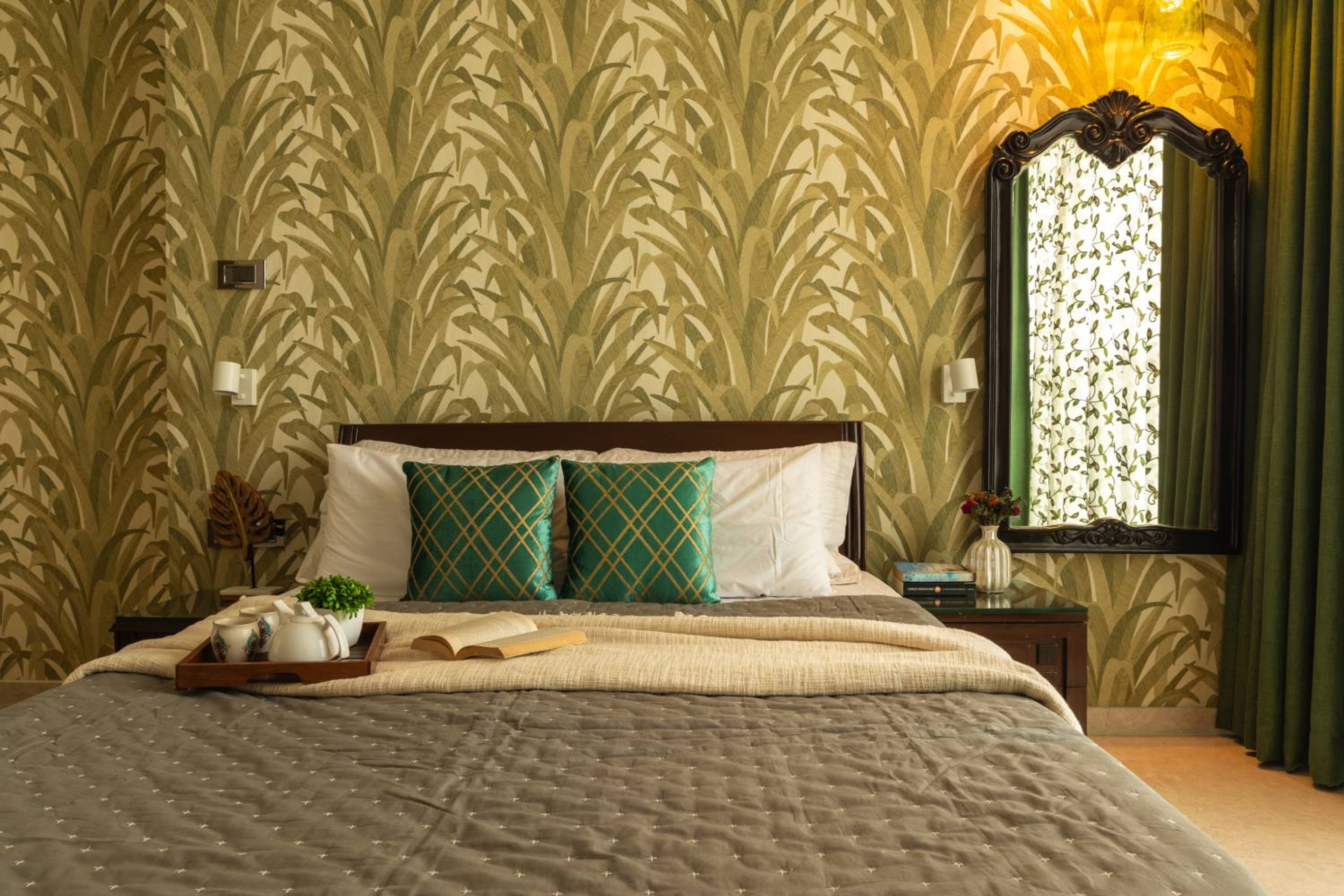 Master Bedroom Design with Grass Design Green Wallpaper