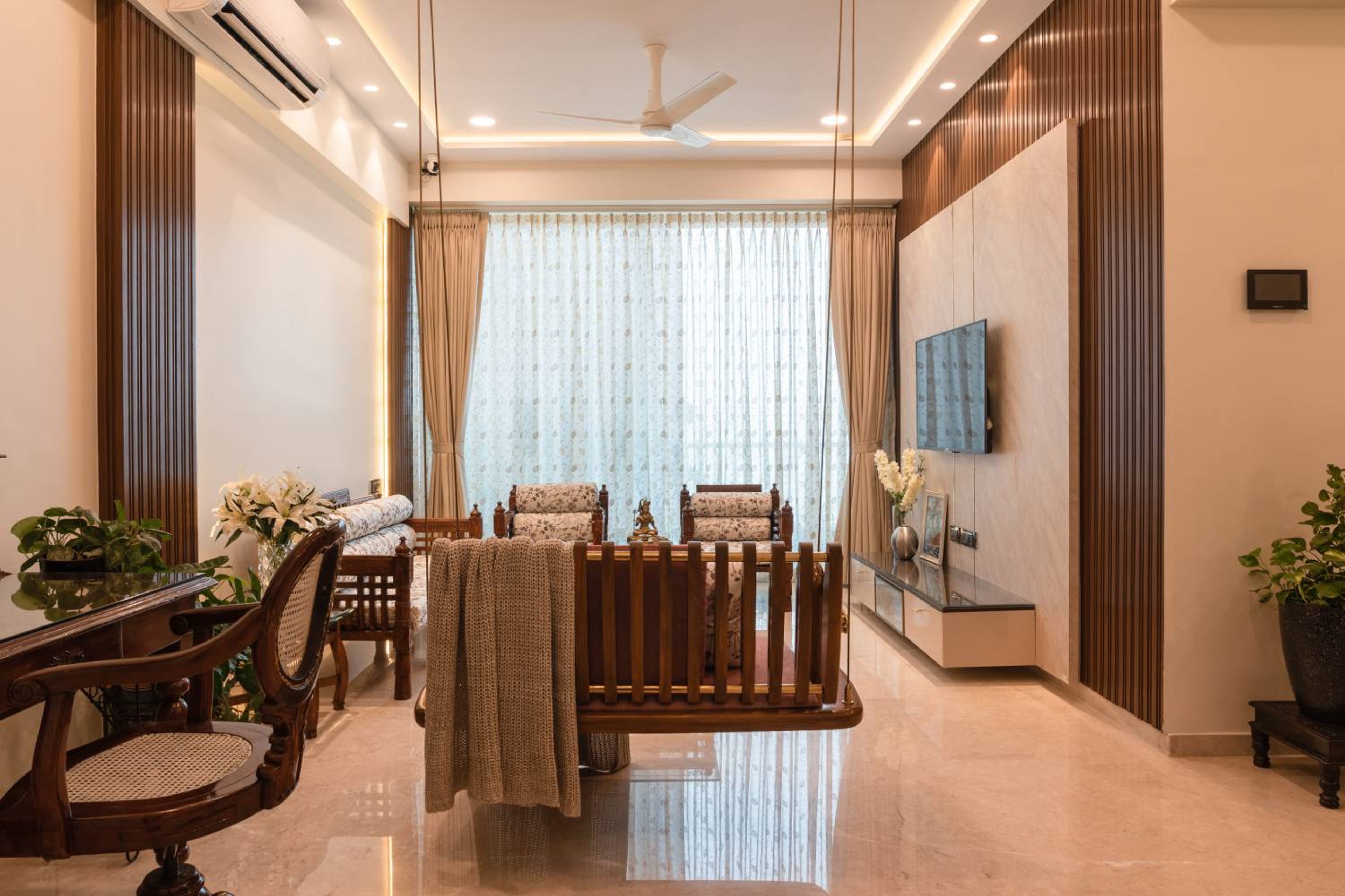 Living Room Design with Wooden Swing