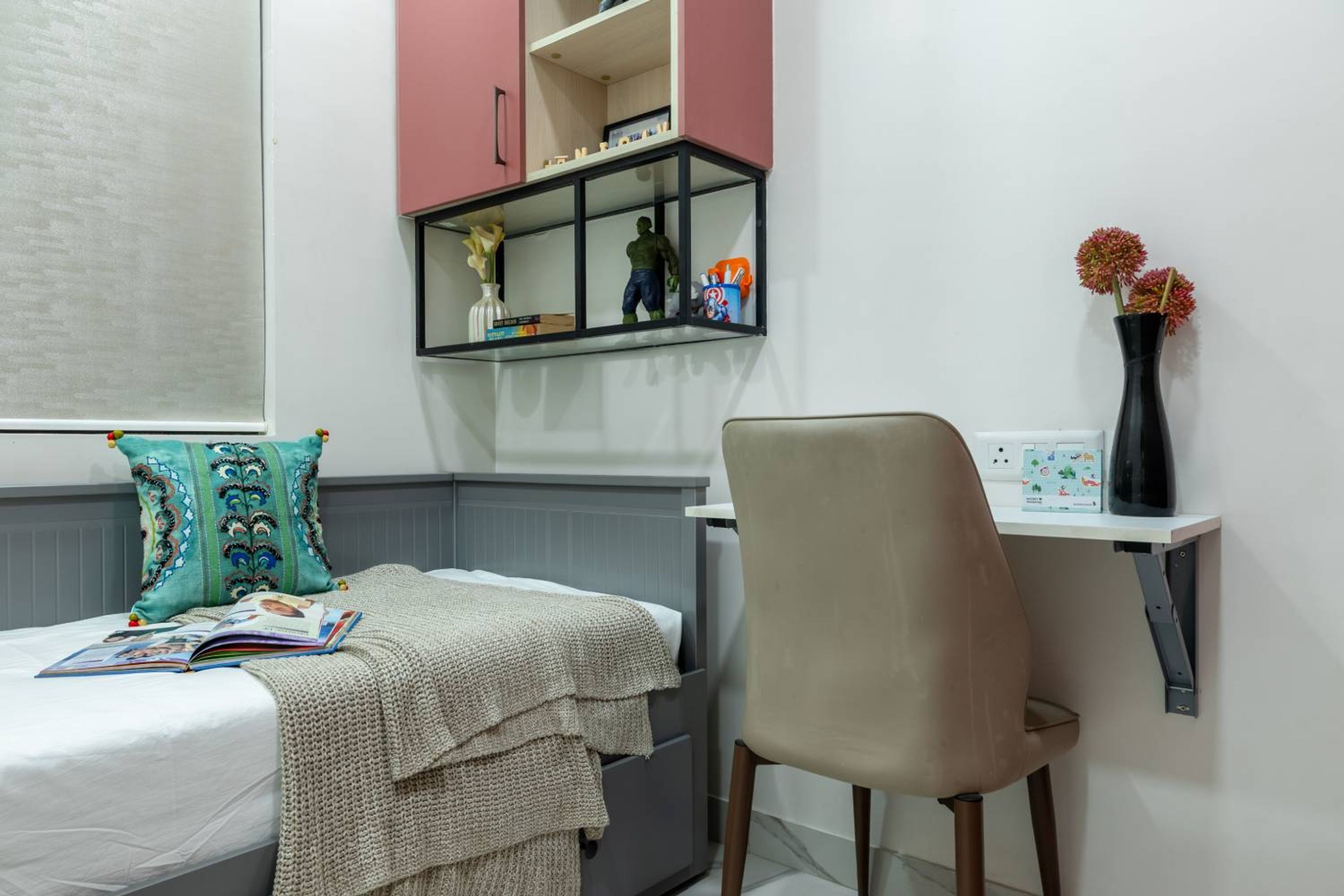 Kids Bedroom Design with Wall Mounted Desk with Beige Chair