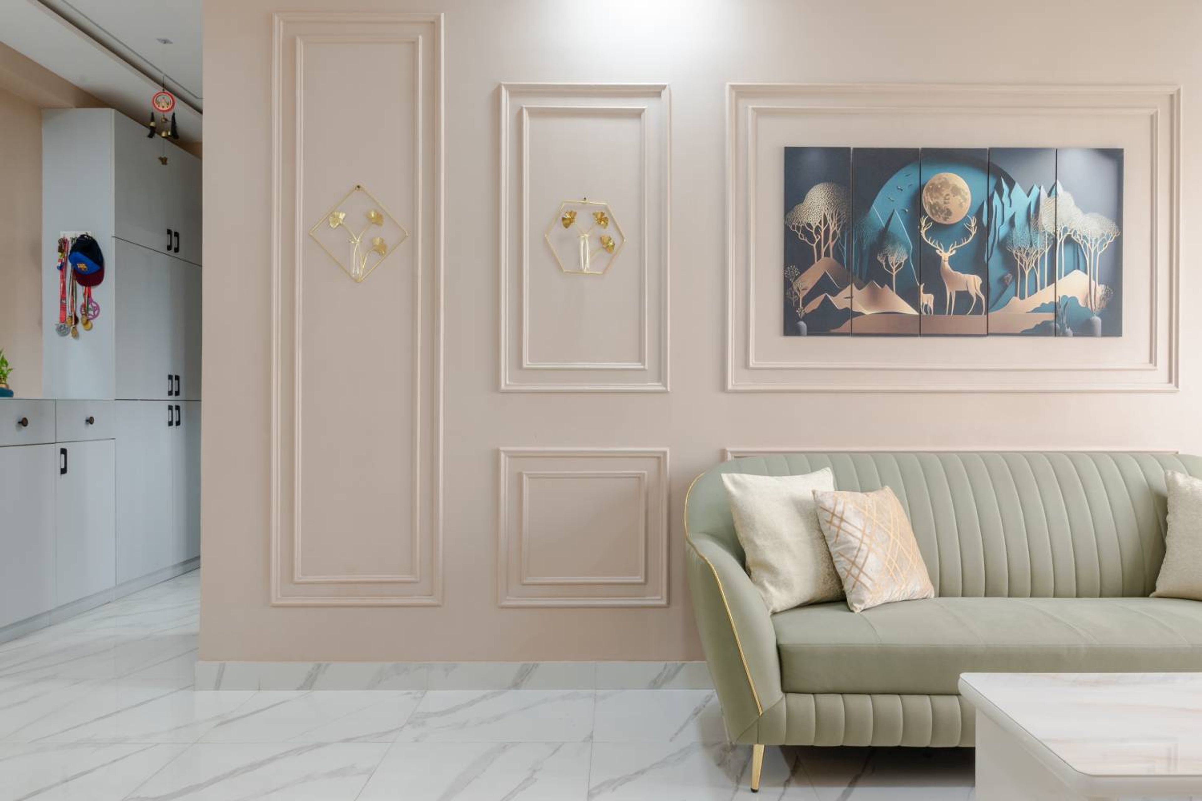 Living Room Design with Cream Wall with Trims with Artwork