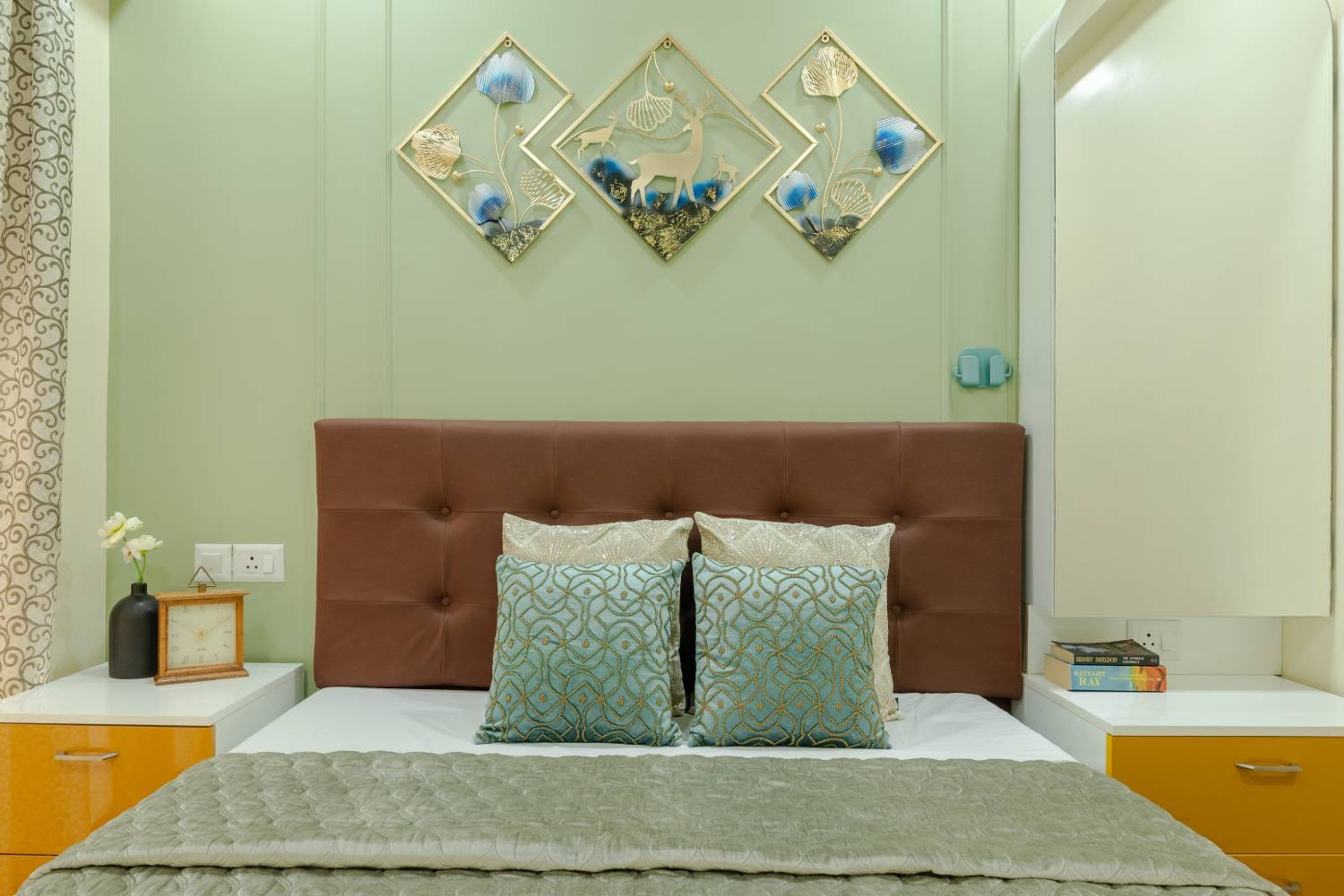 Bedroom Design with Green Walls and Brown Leather Headboard Bed