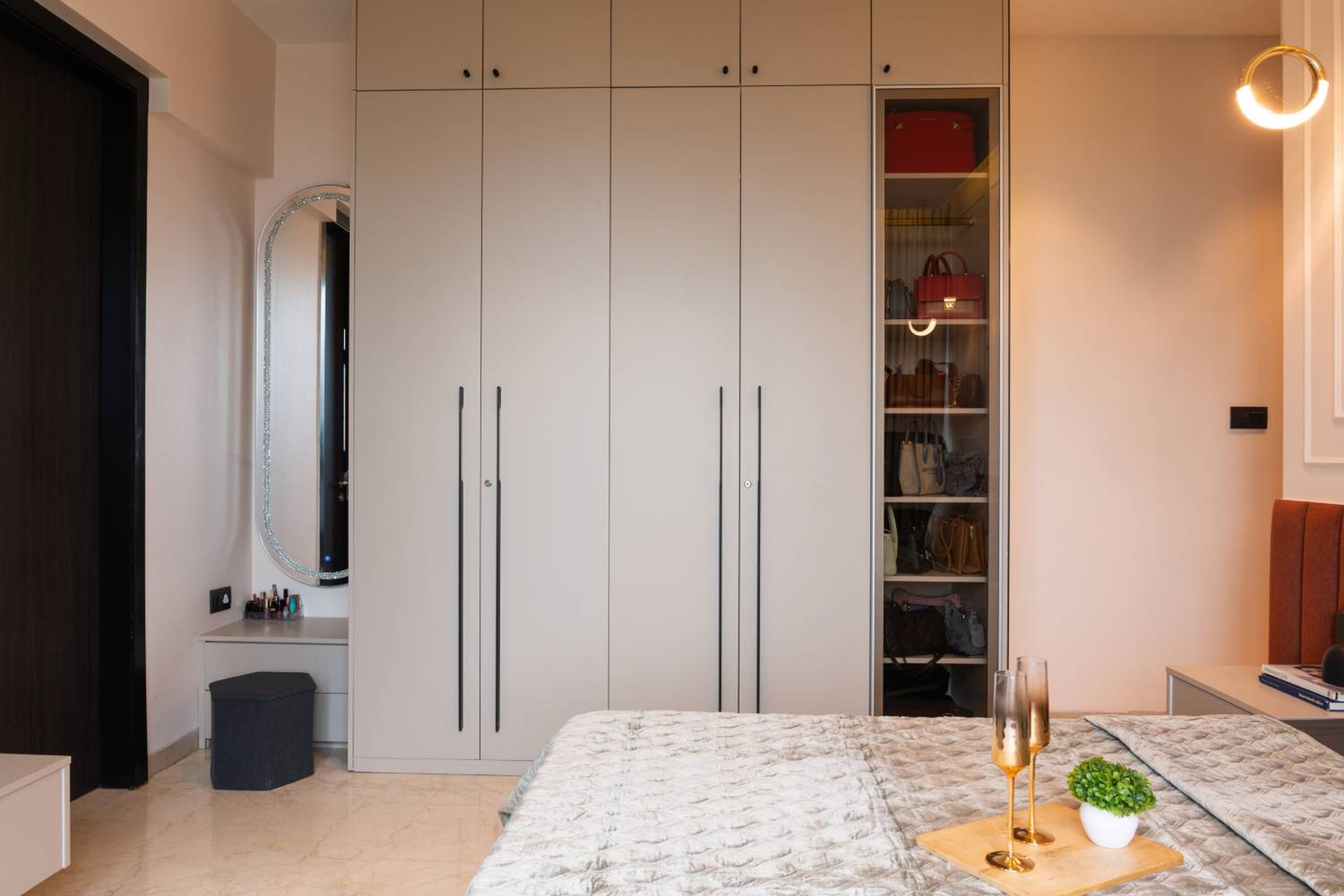 5-Door Modern Swing Wardrobe Design with White Panels and Glass Insert
