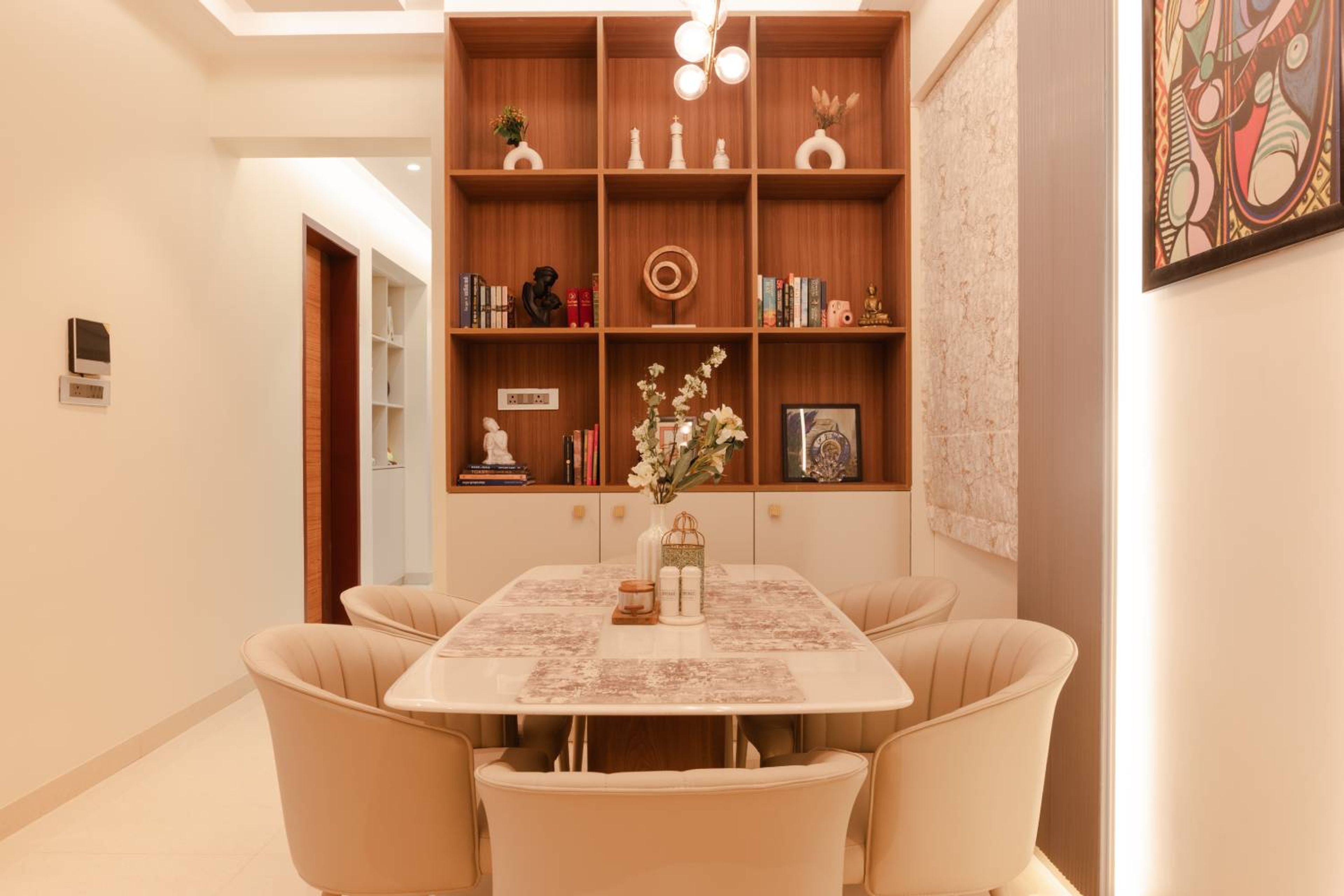 Dining Room Design with Wooden Crockery Unit with Open Display Shelves