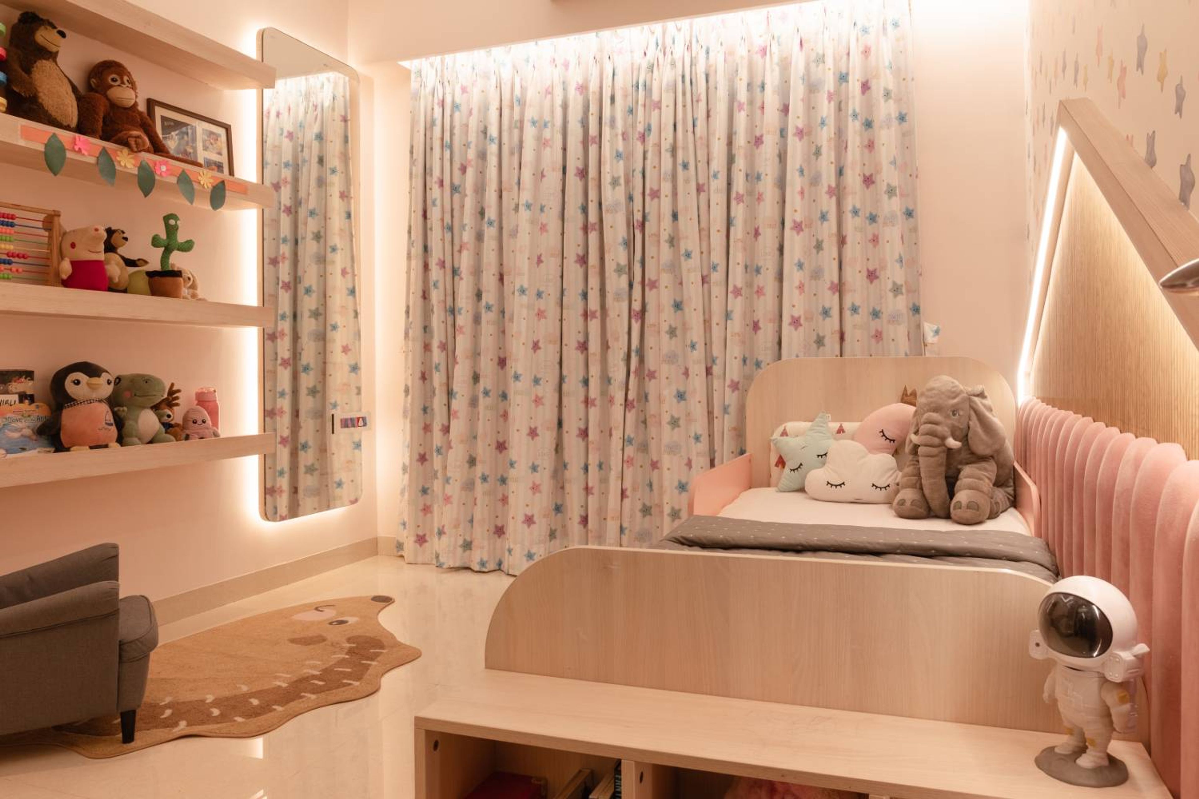 Kids Bedroom Design with Wooden Bed and Open Wall Shelves