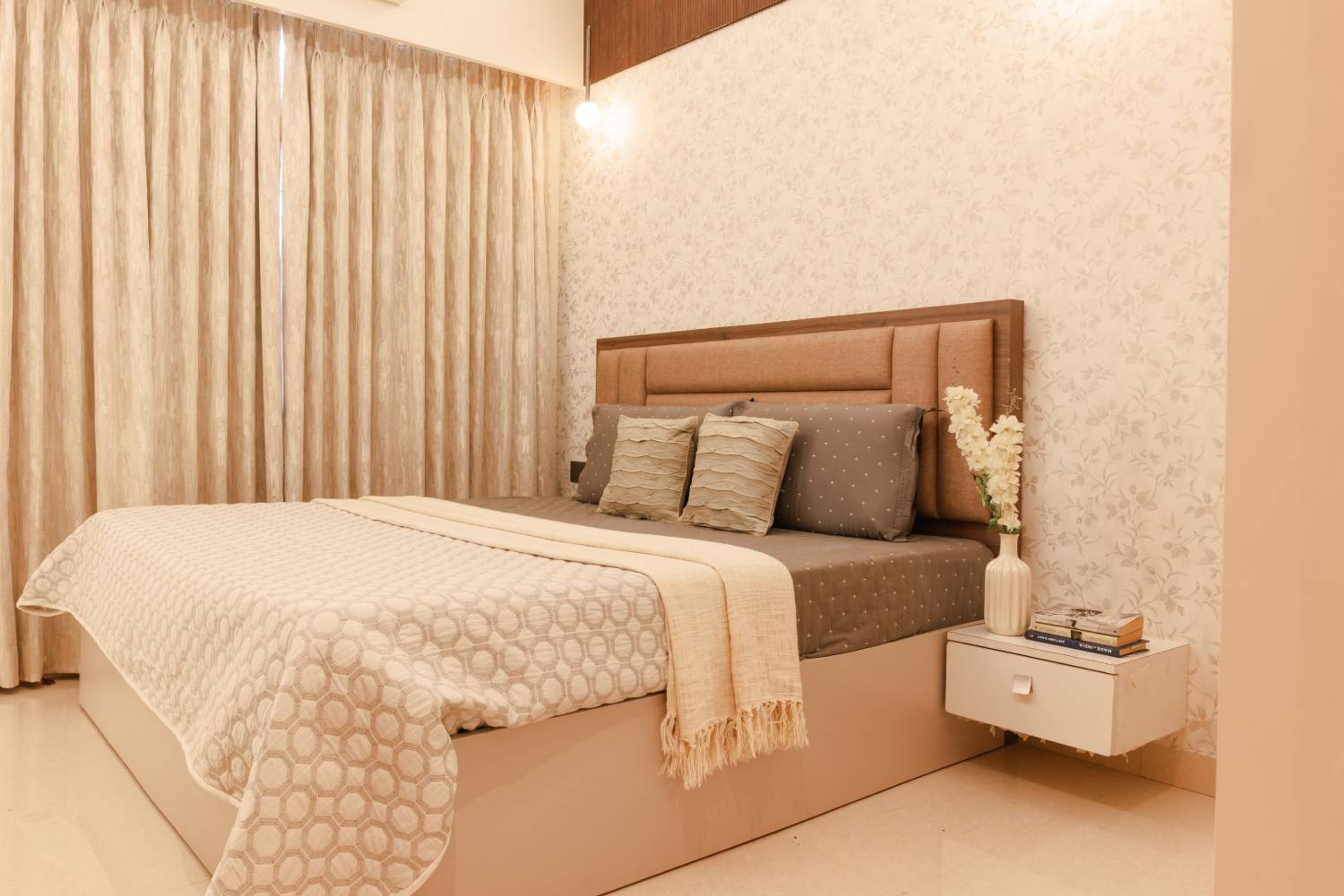 Guest Bedroom Design with Cushioned Headboard Wooden Bed