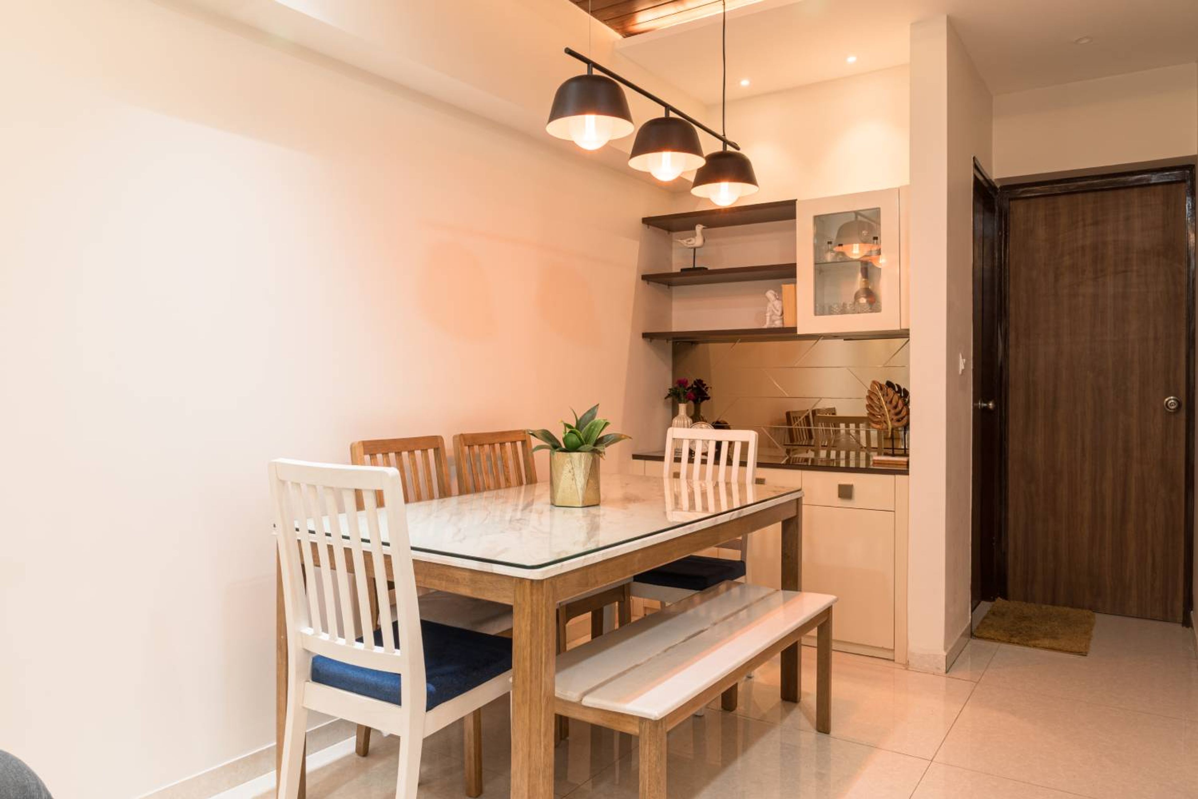 6-Seater Dining Room Design with 4 Wooden Chairs and Seating Bench