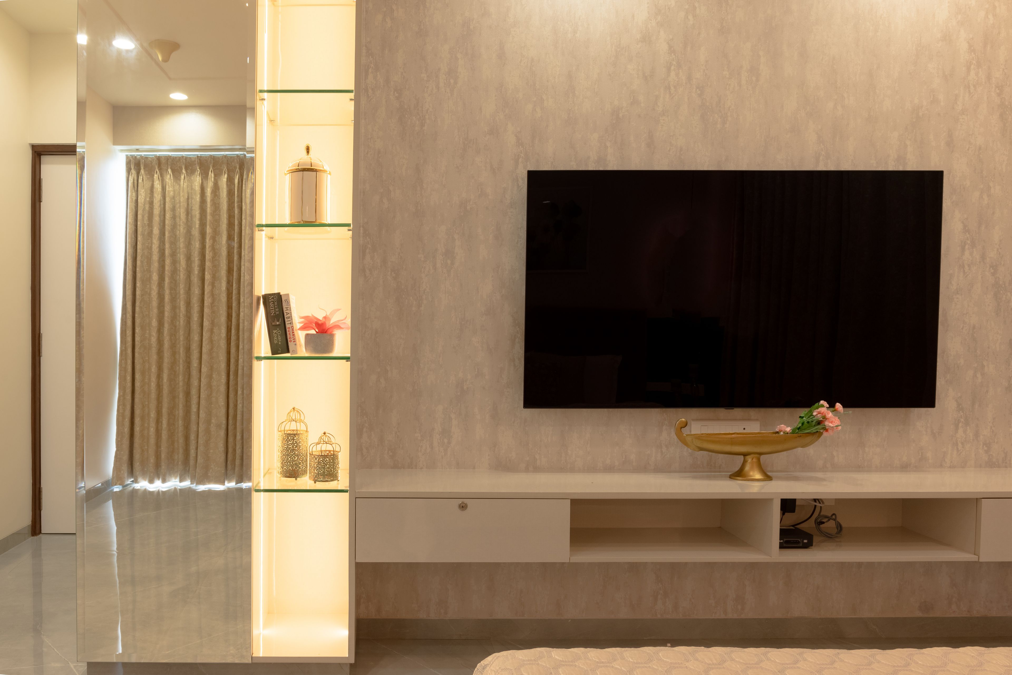 TV Unit Design with Beige Textured Backsplash Wall